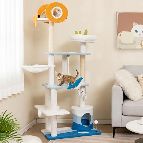Miniatura 2 de Tangkula Árbol para gatos con temática oceánica, torre para gatos de 3 niveles con postes rascadores de sisal, condominio, perca, hamaca, juguetes
