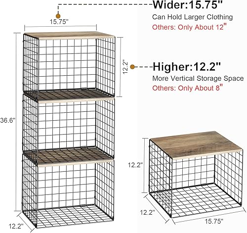 Miniatura 2 de Organizadores de armario ampliados y elevados con tablero superior, juego de 3 cestas apilables de almacenamiento para ropa, suéteres, jeans,