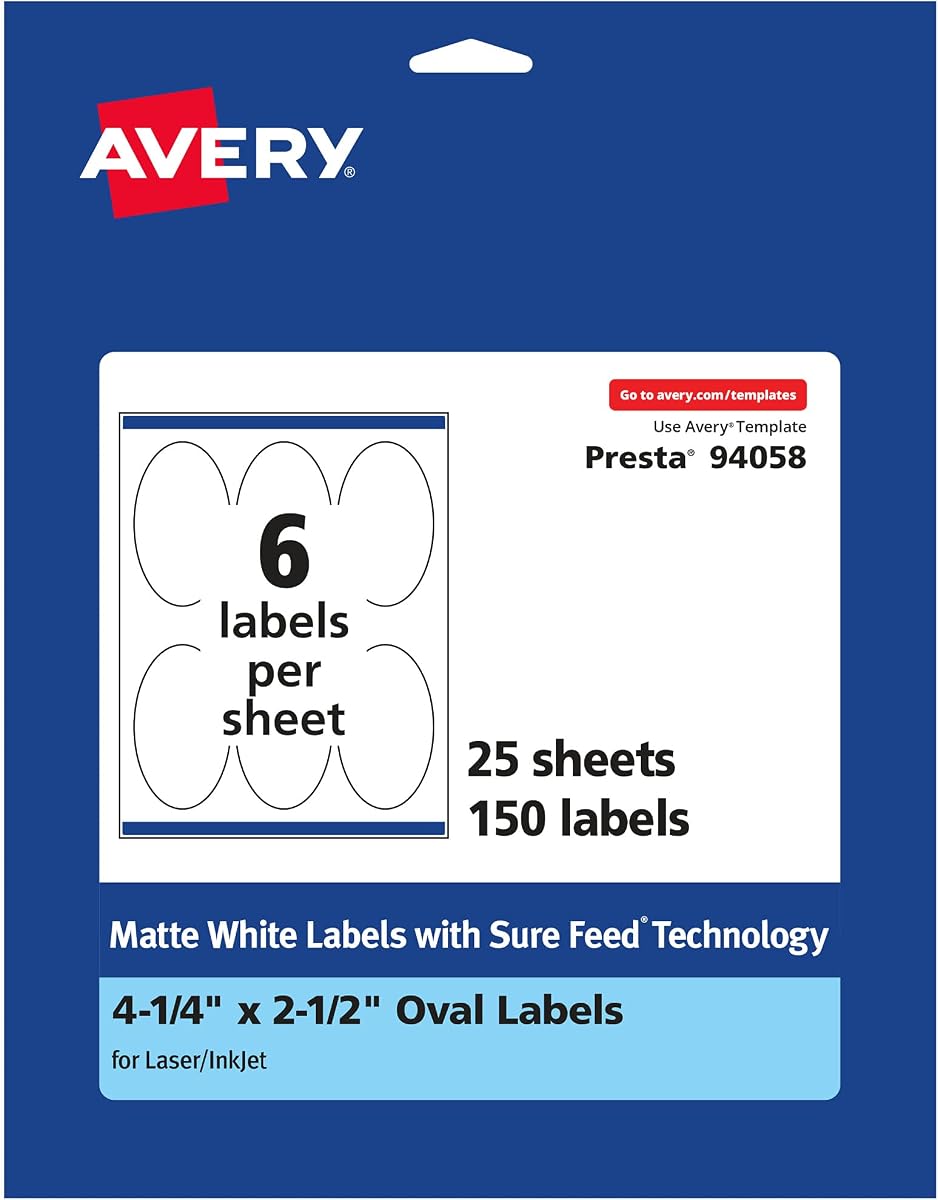 Avery® Matte White Oval Labels, Sure Feed® Technology, 4.25" x 2.5", 150 Matte White Printable Labels