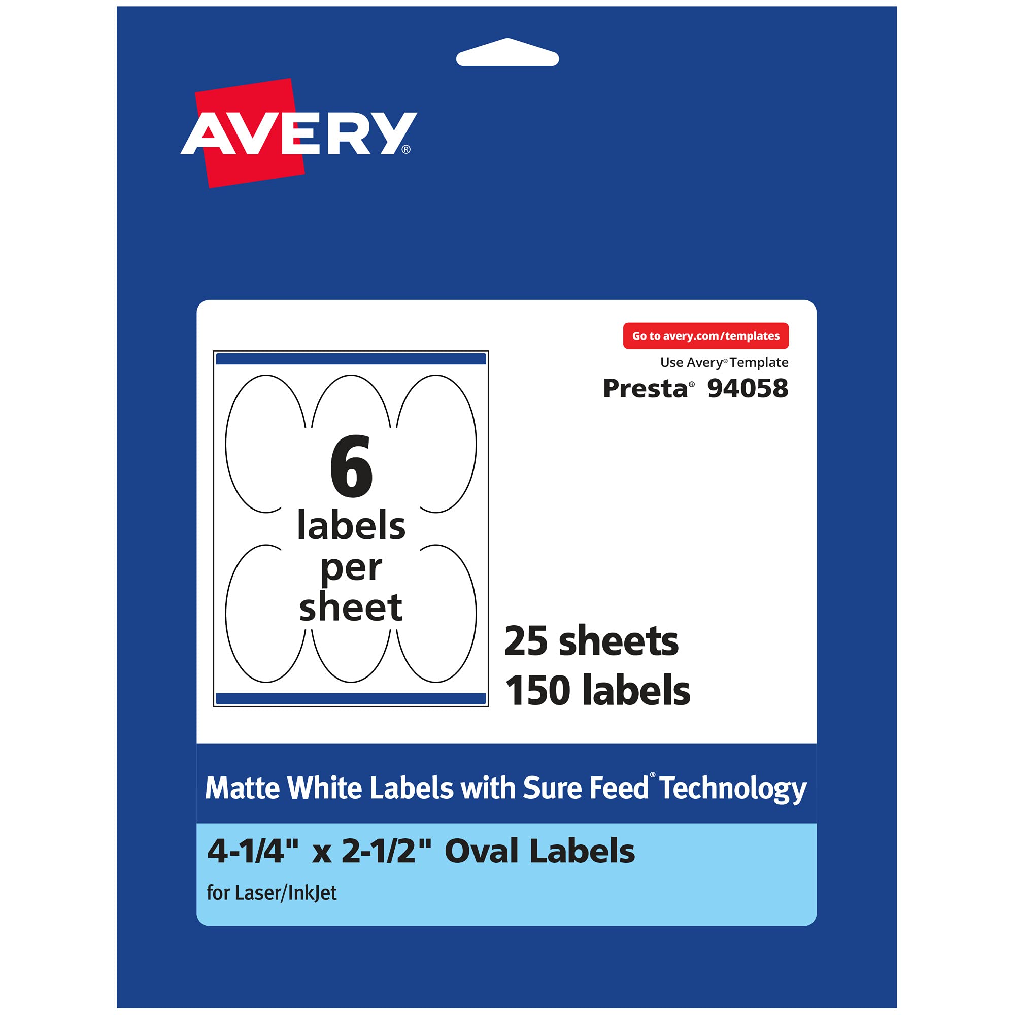 Avery Matte White Oval Labels, Sure Feed Technology, 4.25" x 2.5", 150 Matte White Printable Labels