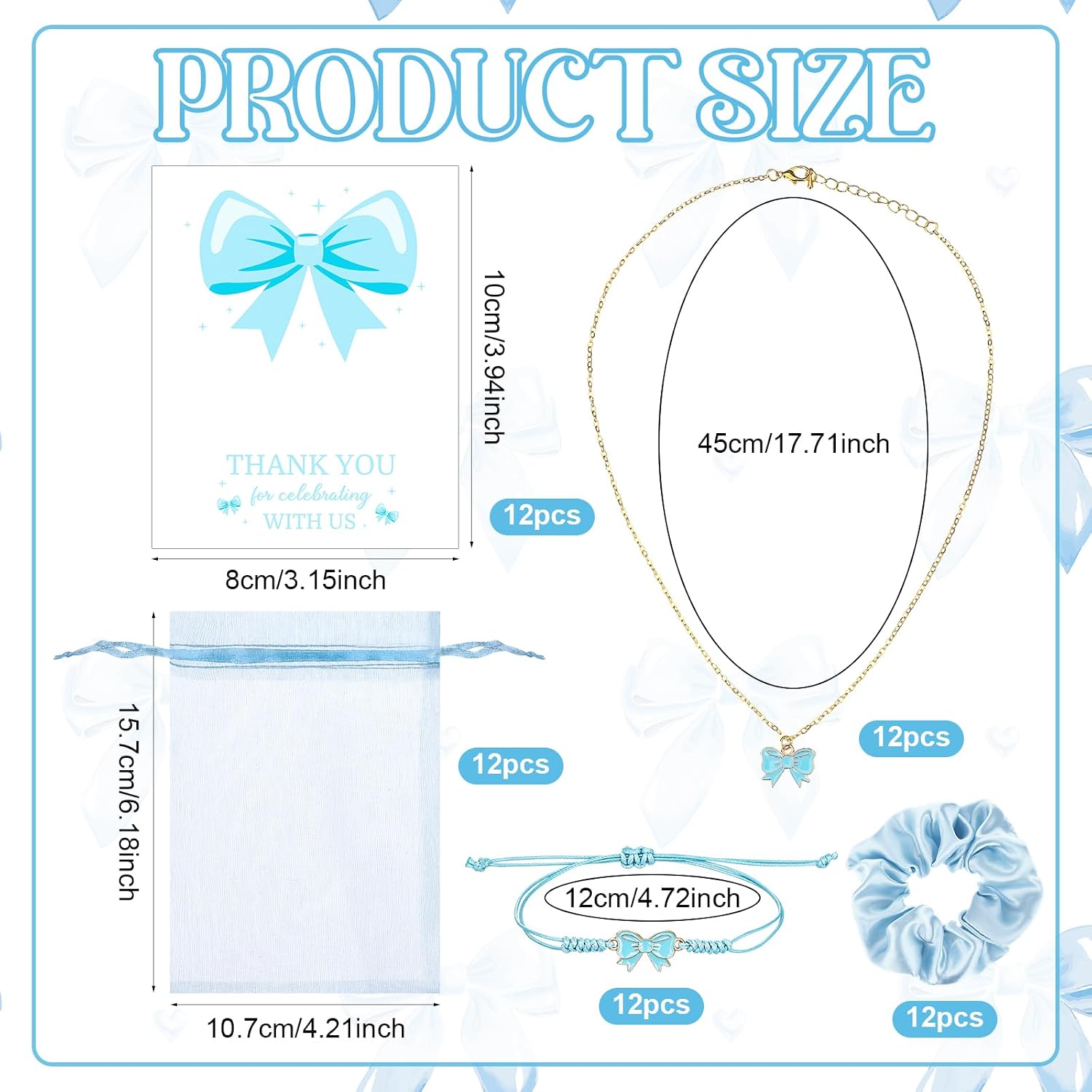 12Sets Coquette Bow Braid String Bracelets Blue Bow Party Favors Gifts Cheerleader Adjustable String Rope Braided Bows Necklace Ribbon Jewelry Pendant Charms Hair Ties Bag Card Friends Gift