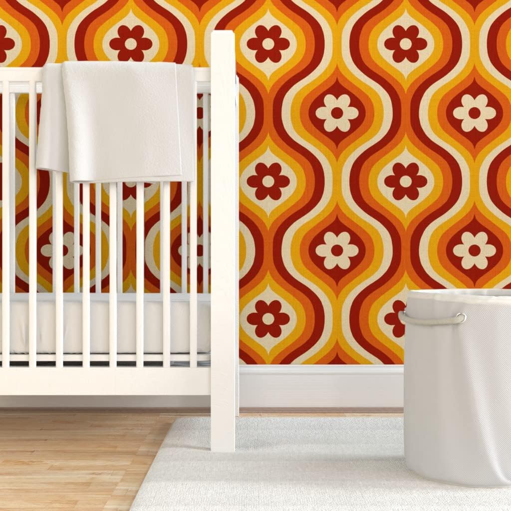 Spoonflower Peel & Stick Wallpaper 3ft x 2ft - 70S Groovy Daisy Ogee Yellow Flowers Red Retro Orange Geometric Custom Removable Wallpaper