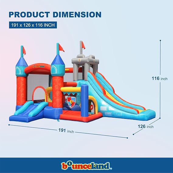 Bounceland Medieval Bounce Castle Bounce House with Slide & Ball Pit, Basketball Hoop and Ball Toss Game Included, Long Fun Slide, Obstacle Courts,  with UL Certified Blower Fun Party