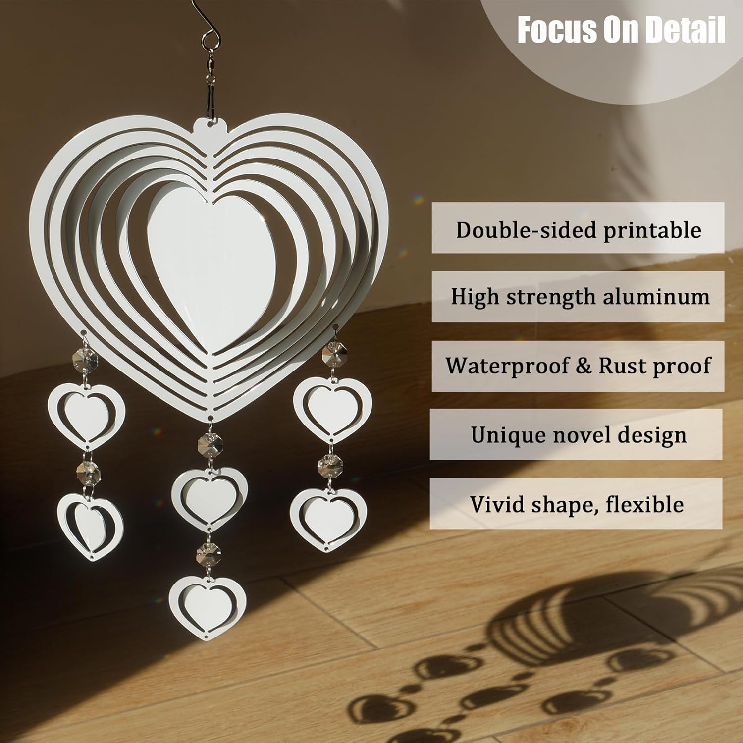 4Pack 10inch Sublimation Wind Spinner Blanks 3D Aluminum Metal Wind Sculpture Kinetic Spinners for Yard and Garden Indoor Art Ornaments Hanging Decoration (Heart Pendant)