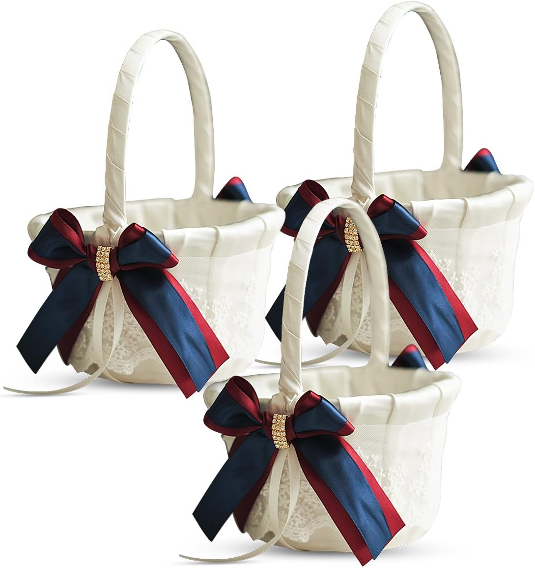 Ivory Ring Bearer Pillow and Basket Set | Lace Collection | Flower Girl & Welcome Basket for Guest | Handmade Wedding Baskets & Pillows (Burgundy Navy Blue)