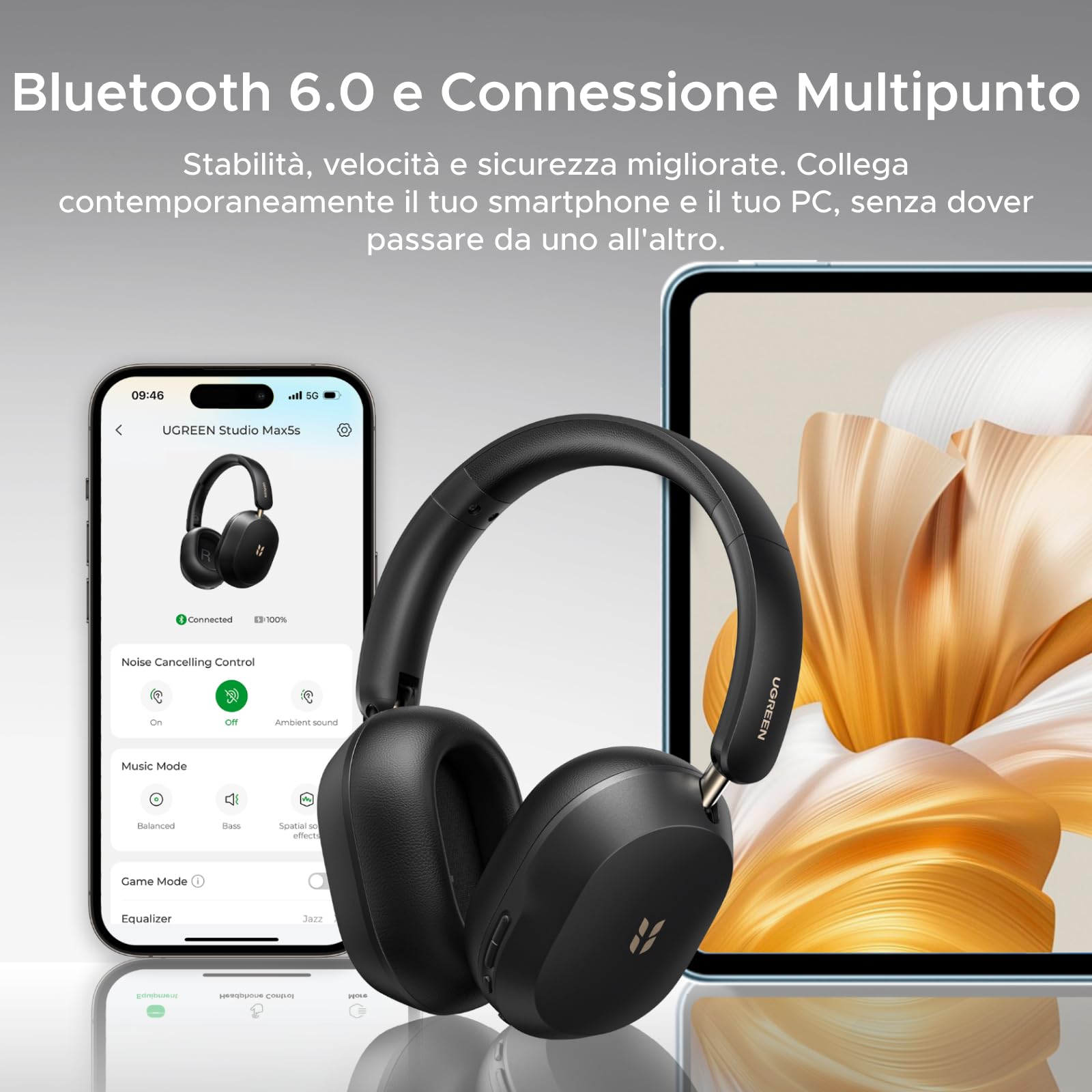 UGREEN HiTune Max5s Cuffie Bluetooth Cancellazione Rumore Attiva 45dB Hires | Cuffie Wireless Over Ear 45dB ANC 5 Microfoni 112 Ore BT 6.0 Audio Spaziale Personalizza con App Connessione Multipoint Nero
