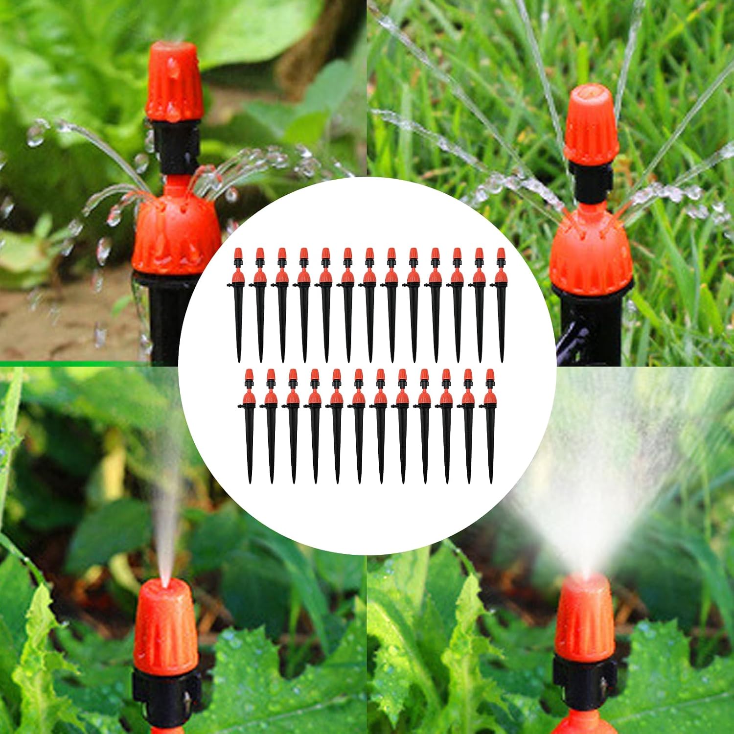 1/4" Drip Irrigation Emitters, 360 Degree Drip Sprinkler Heads, 25 Pack, Plastic, Medium Size, Micro-sprinkler Style, Barbed Fit, Locking Mechanism, Clogging Resistance