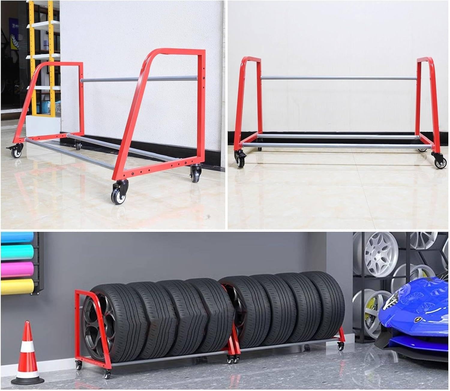 Scaffale Porta-Pneumatici Da Pavimento, Scaffale Porta-Pneumatici Rosso, Scaffale Porta-Pneumatici Con Ruote, Espositore Porta-Pneumatici Da Parete