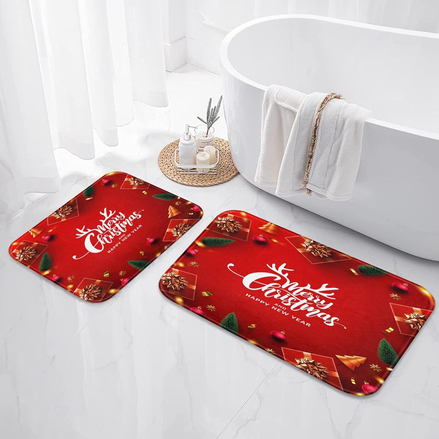 ArtSocket Christmas Bathroom Rugs and Mats Sets 2 Piece, Happy New Year Red Reindeer