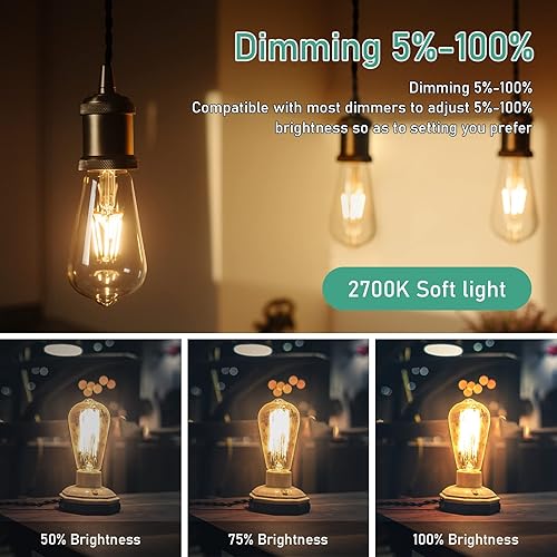 Miniatura 3 de Bombillas LED Edison vintage, equivalente a 6 W, 60 W, blanco cálido de alto brillo, 2700 K, bombillas de filamento LED antiguas ST64 con CRI de