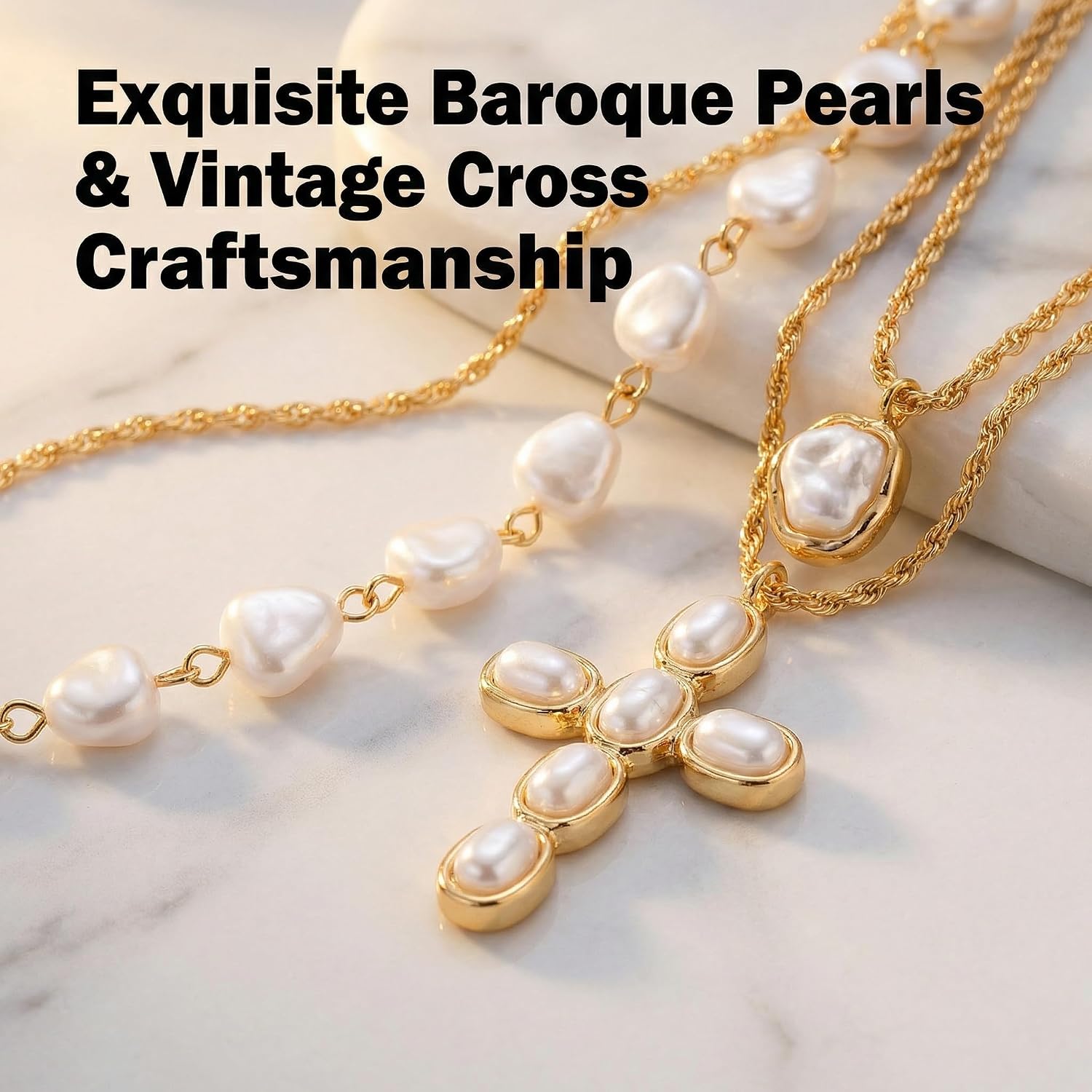 3 Pcs Layered Faux Pearl Cross Necklace Set for Women Choker | Radiant gold-tone chains featuring chunky irregular baroque beads.
