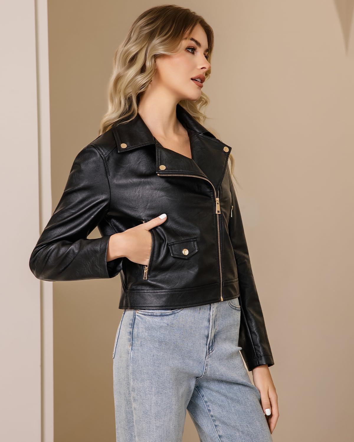 Faux Leather Jacket For Women PU Cropped Moto Biker Coat Zip Up Slim Motorcycle Jacket - Image 6