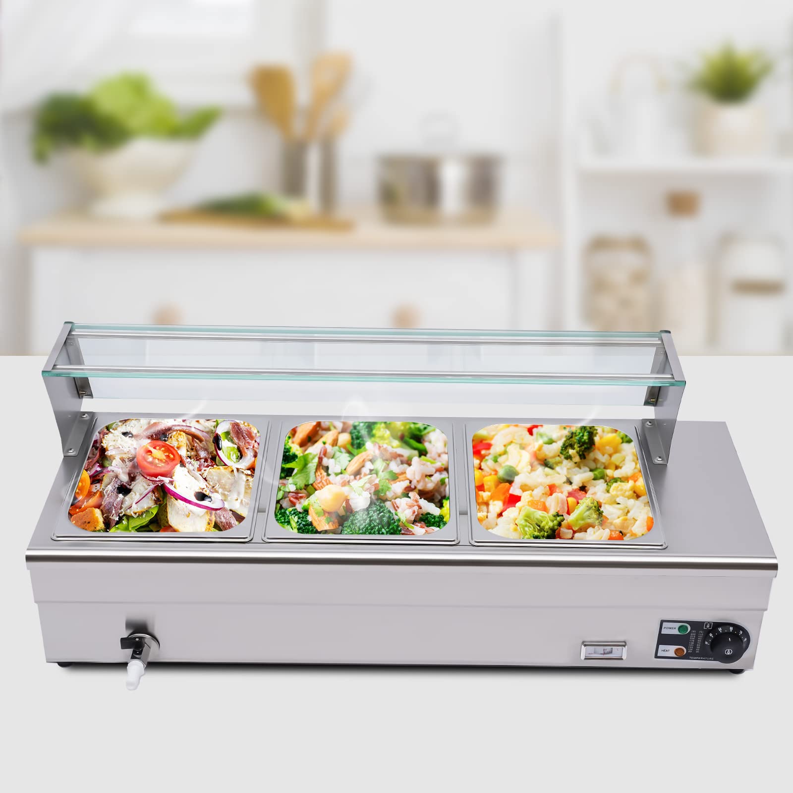 Riscaldatore a buffet in acciaio inox da 1200 W, termostato regolabile, 30 – 80 ℃ (86 – 176 ℉), 3 contenitori per buffet da 6 l, scalda cibo elettrico, 220 V, per catering, buffet