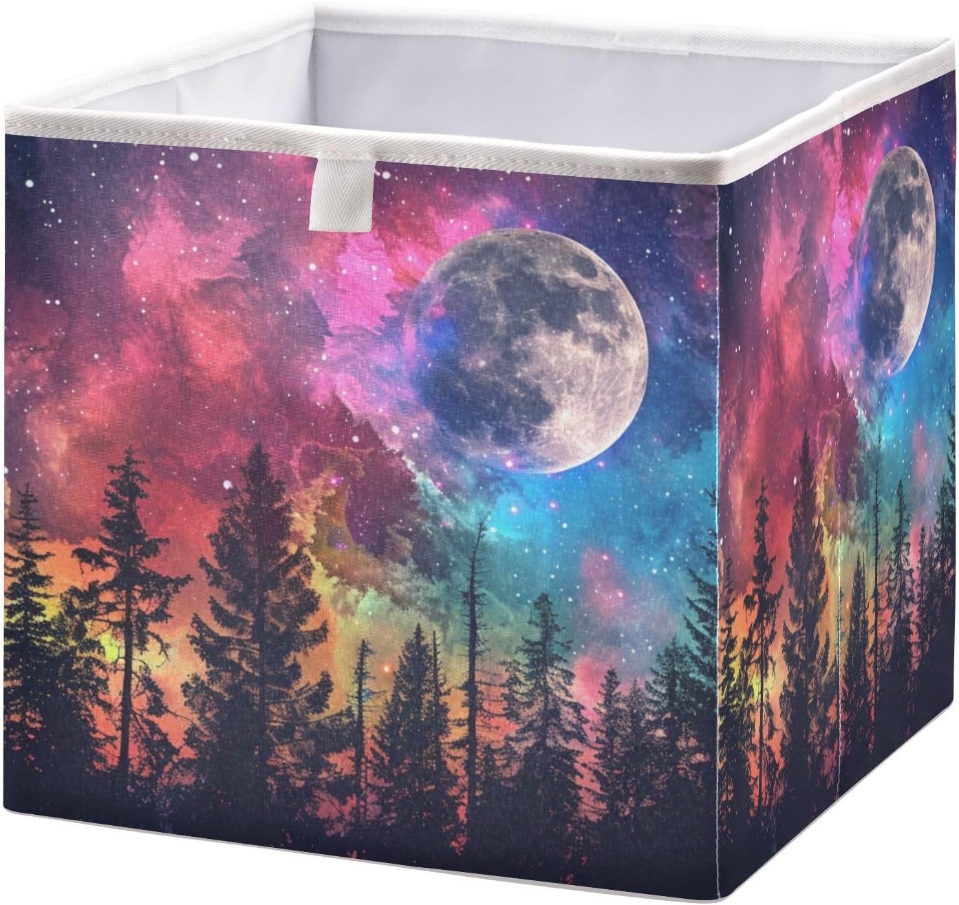 Foldable Fabric Colorful Starry Moon Landscape Storage Bins with Handles – Sturdy Organizer Cubes for Bedroom Rectangular