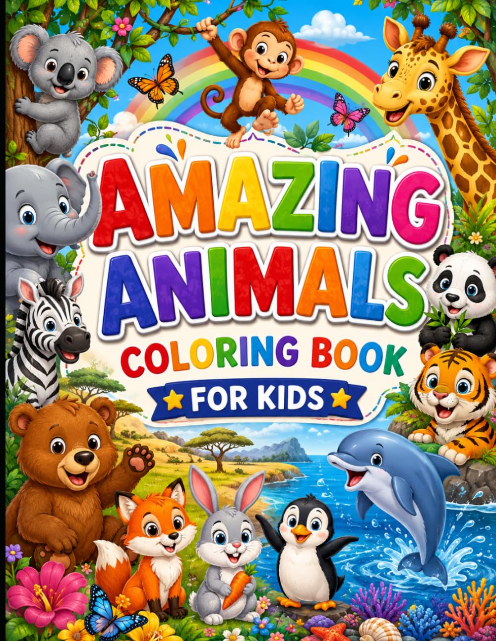 Amazing Animals Coloring Book for Kids: 50 Fun Animal Coloring Pages with Easy Designs and Fun Facts for Learning and Creativity
