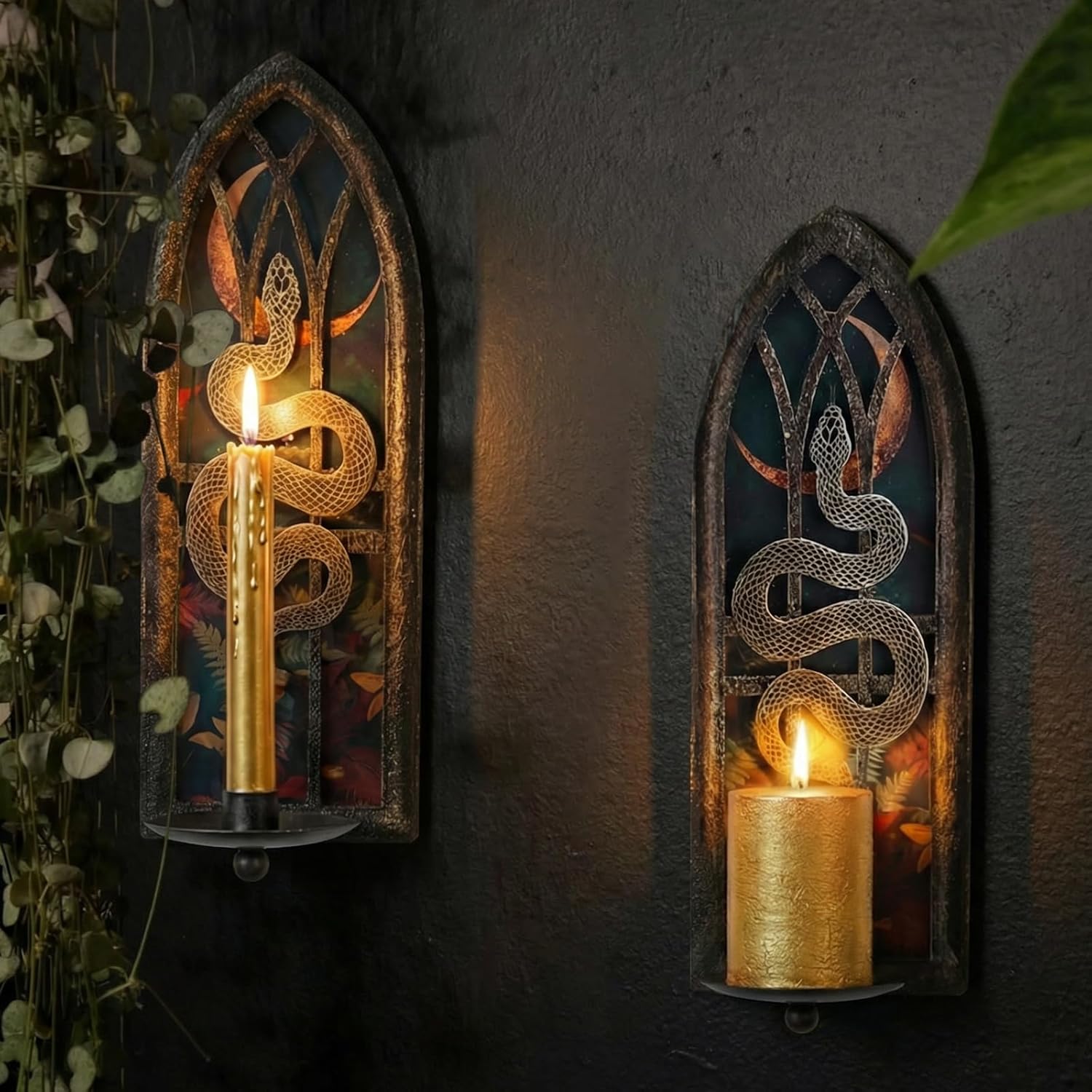 Gothic Wall Candle Sconces Set of 2, Snake and Moon Iron Wall Mounted Candelabra Holder with Removable Trays for Taper & Pillar Candles, Natural Aesthetic Boho Art Hanging Design Decor