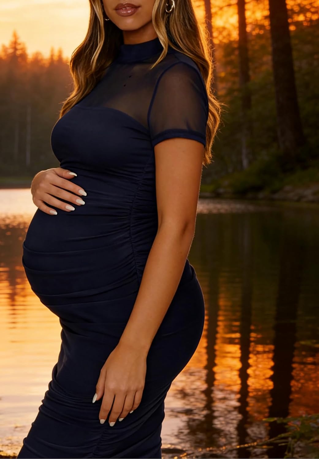 Maternity Mesh Short Sleeve Mock Neck Ruched Bodycon Pregnancy Midi Dress Baby Shower Photoshoot Back Zipper