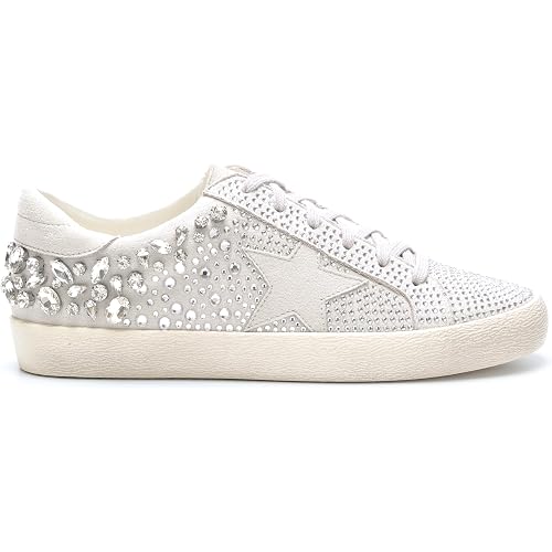 Mi.iM Goldie Women’s Vintage-Inspired Lace-Up Sneakers – Rhinestone Star Fashion Sneakers with Distressed Rubber Sole