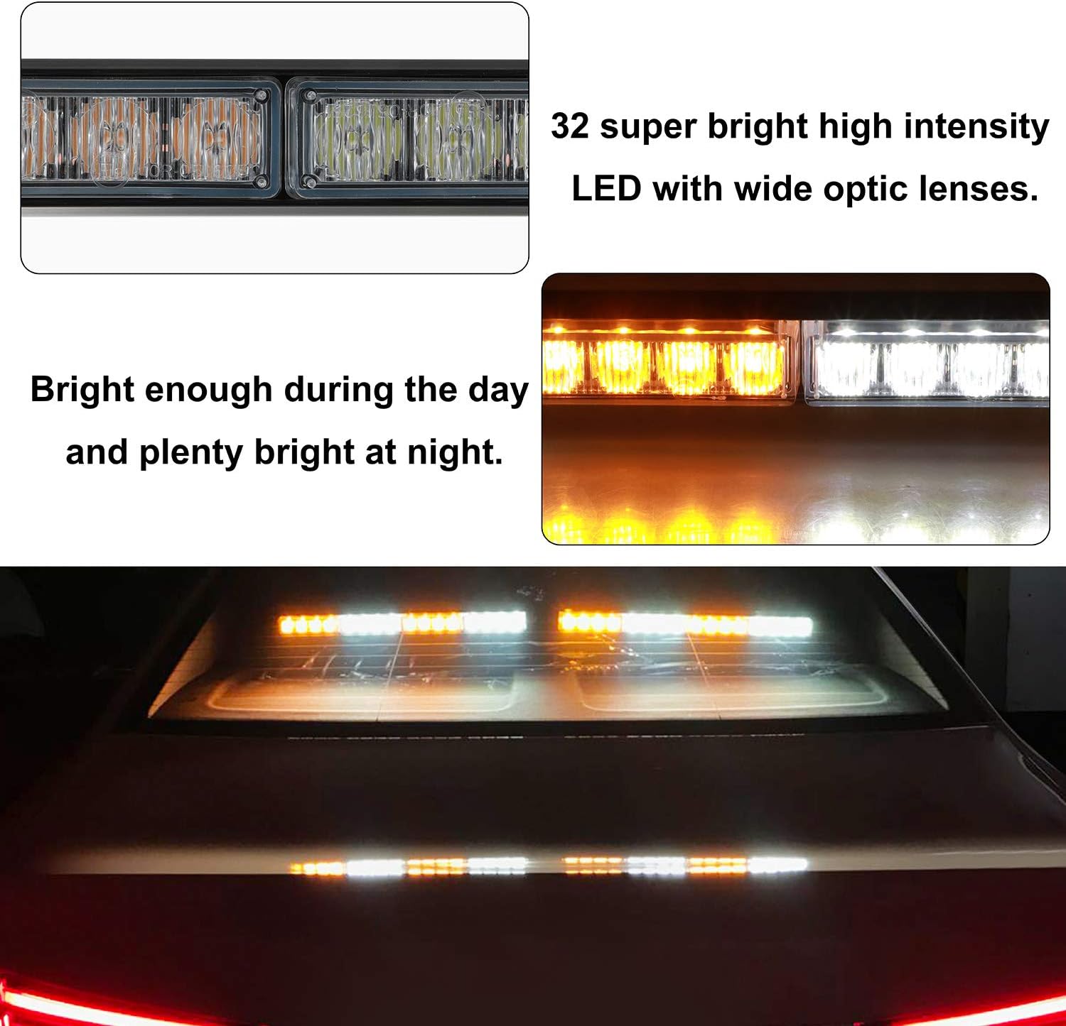 ASPL 2x16.8 inch Emergency Flashing LED Traffic Advisor Strobe Light Bar 32LED 26 Flash Patterns Interior Safety Warning Lights (Amber/White) : Automotive