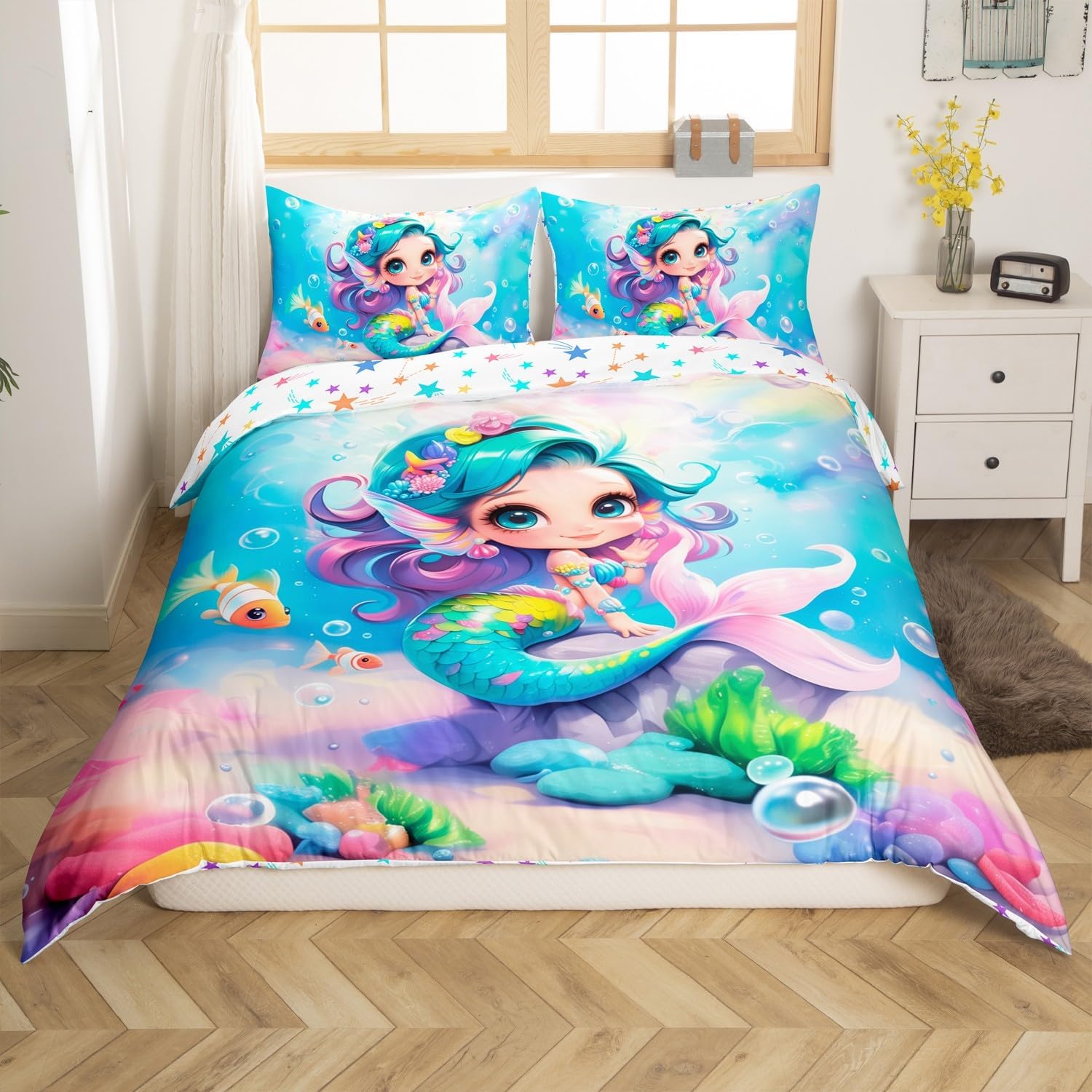 Mermaid Bedding Set Toddler Size,Colorful Mermaid Fish Tail Duvet Cover Set 2Pcs for Kids Girls Child Teens Room Decor,Underwater Animals Comforter Cover Sweet Dreamy Ocean Quilt Cover,1 Pillowcase