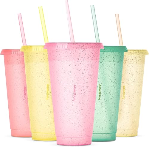 Vasos con tapas y popotes para adultos  5 vasos reutilizables con purpurina con tapas y pajitas en colores caramelo, vasos de plástico de 24 onzas
