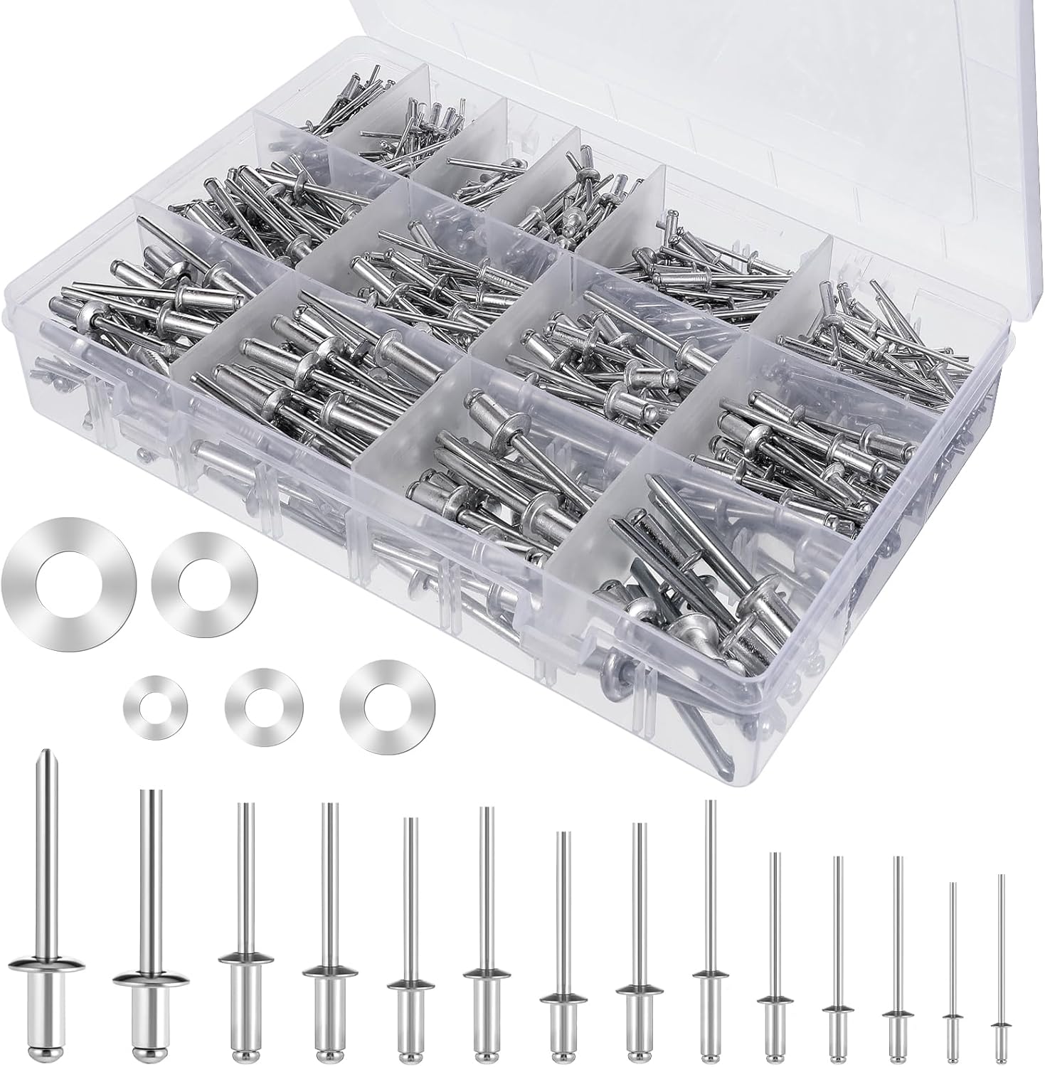 1000Pcs Aluminum Pop Rivets with Washer Assortment Kit, 14 Sizes(3/32" 1/8" 5/32" 3/16" 1/4") Pop Rivets with 5 Size Backup Washers, Assorted Blind Rivets for Furniture, Metal, Instrument