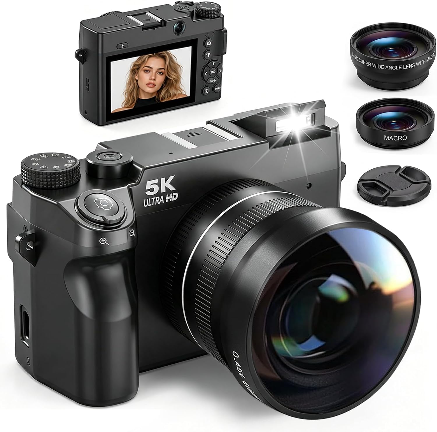 Cámara Digital con WiFi, Dual Camera, Macro y Angular para Principiantes | Camara de Fotos para Vlog con WiFi, Autofoco, Card SD 8GB, Pantalla de 3 Pulgadas Selfie, Fotografica con Objetivo Negro