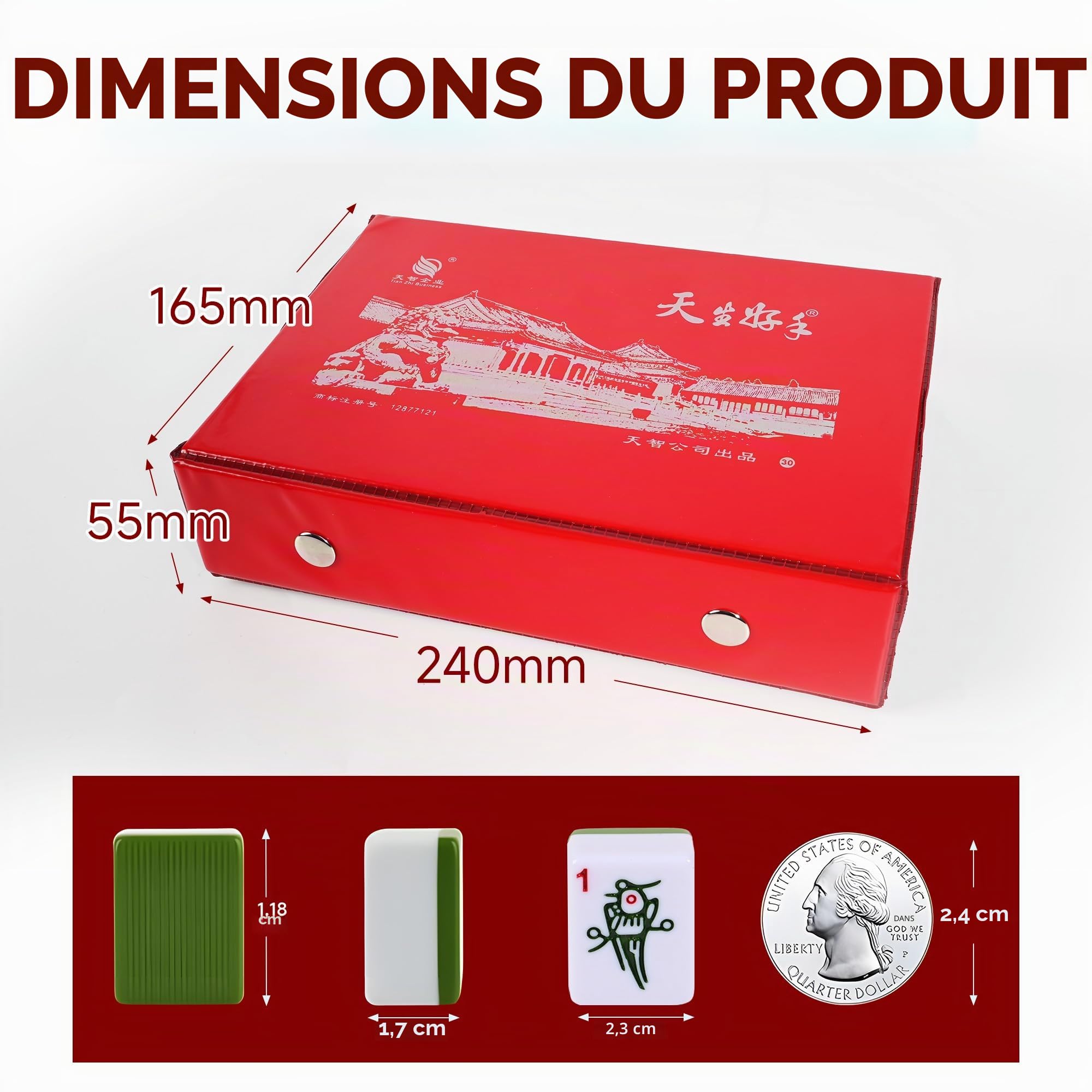 Nisorpa Ensemble de Mahjong Chinois 3 x 2,25 cm - Structure Solide, Facile à Lire, Taille Moyenne - Jeu Complet pour Voyage, Fête, Famille (3 x 2,25 x 1,7)