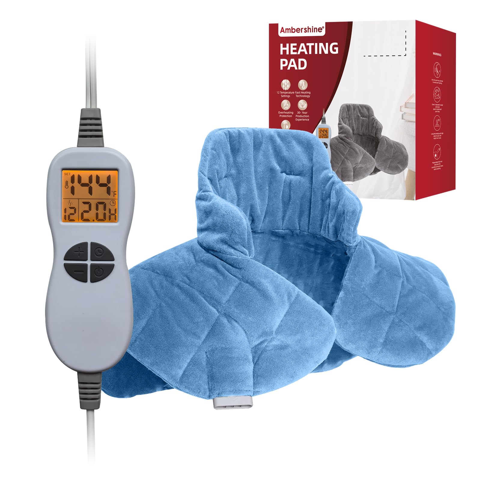 Ambershine 19''x24'' Weighted Neck & Shoulder Heating Pad, 2.5lbs with 12 Temperature Settings& 4 Auto-Off Timers, Pain Relief for Neck/Shoulder/Back, Christmas Gifts for Women Men Mom Dad(Light Blue)