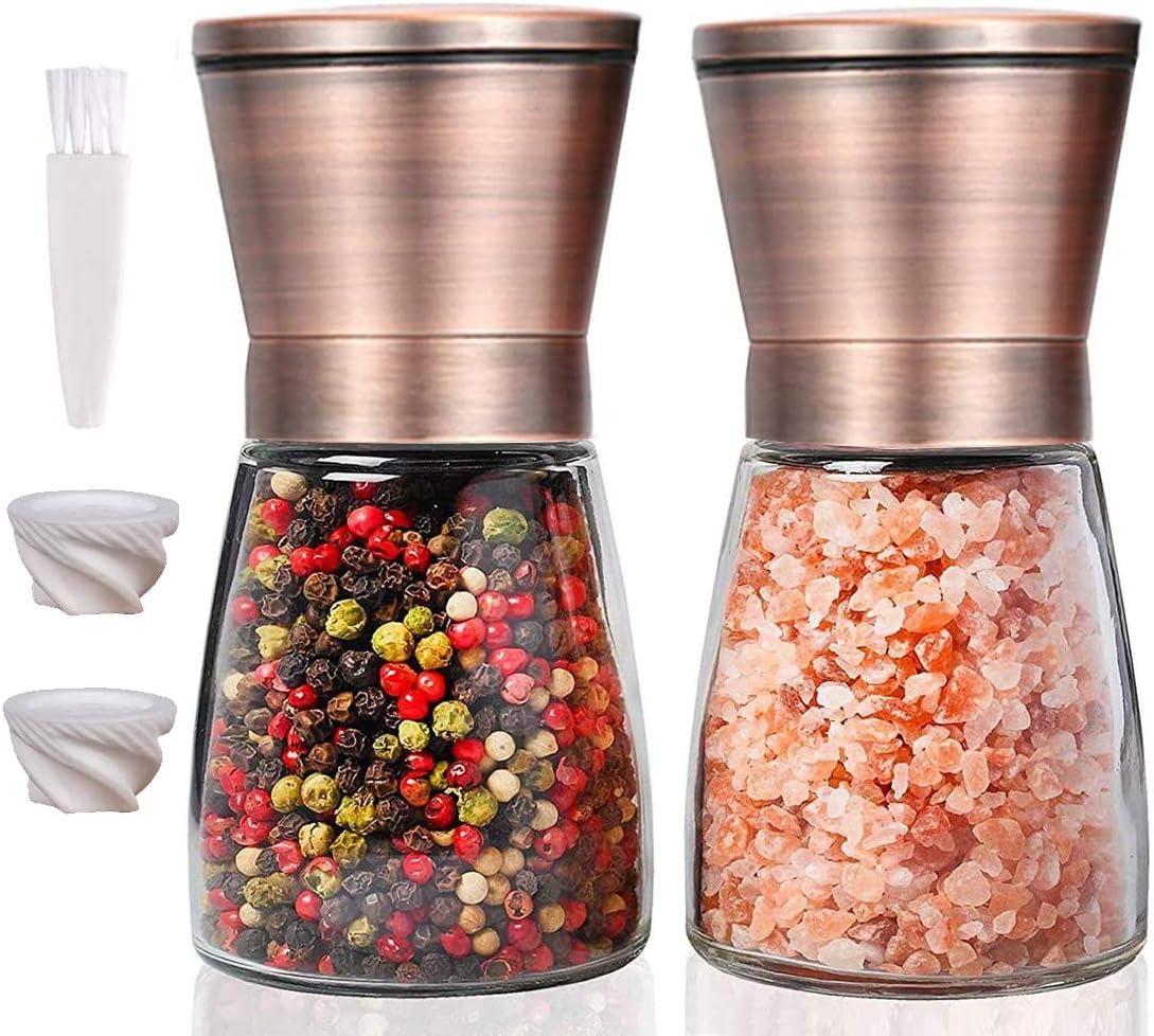 HENSHOW Copper Salt and Pepper Mill Set, Pack of 2 Premium Brush Stainless Steel Salt Pepper Grinder Set and Glass Body Salt and Pepper Shakers with Adjustable Ceramic Coarseness