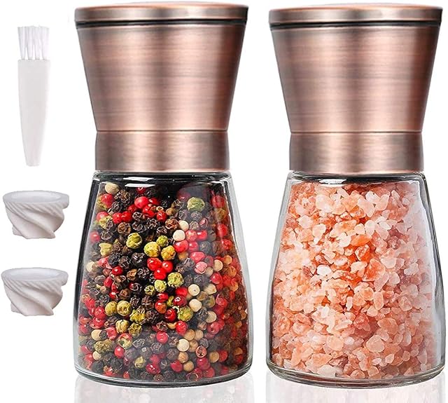 HENSHOW Copper Salt and Pepper Mill Set, Pack of 2 Premium Brush Stainless Steel Salt Pepper Grinder Set and Glass Body Salt and Pepper Shakers with Adjustable Ceramic Coarseness