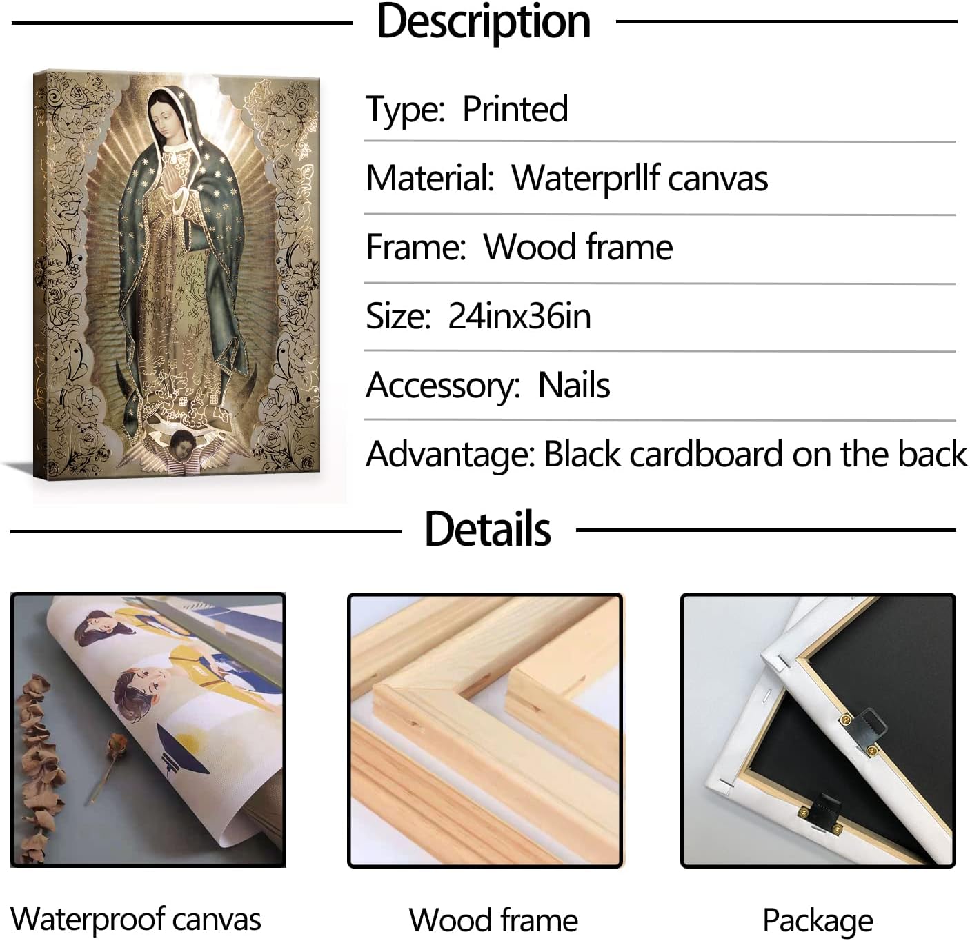 Large Framed Our Lady of Guadalupe Portrait Canvas Wall Art Decor Virgin Mary Wall Art Virgen De Guadalupe Cuadros De La Virgen De Guadalupe Poster Prints Pictures Artwork Painting Sculpture Catholic