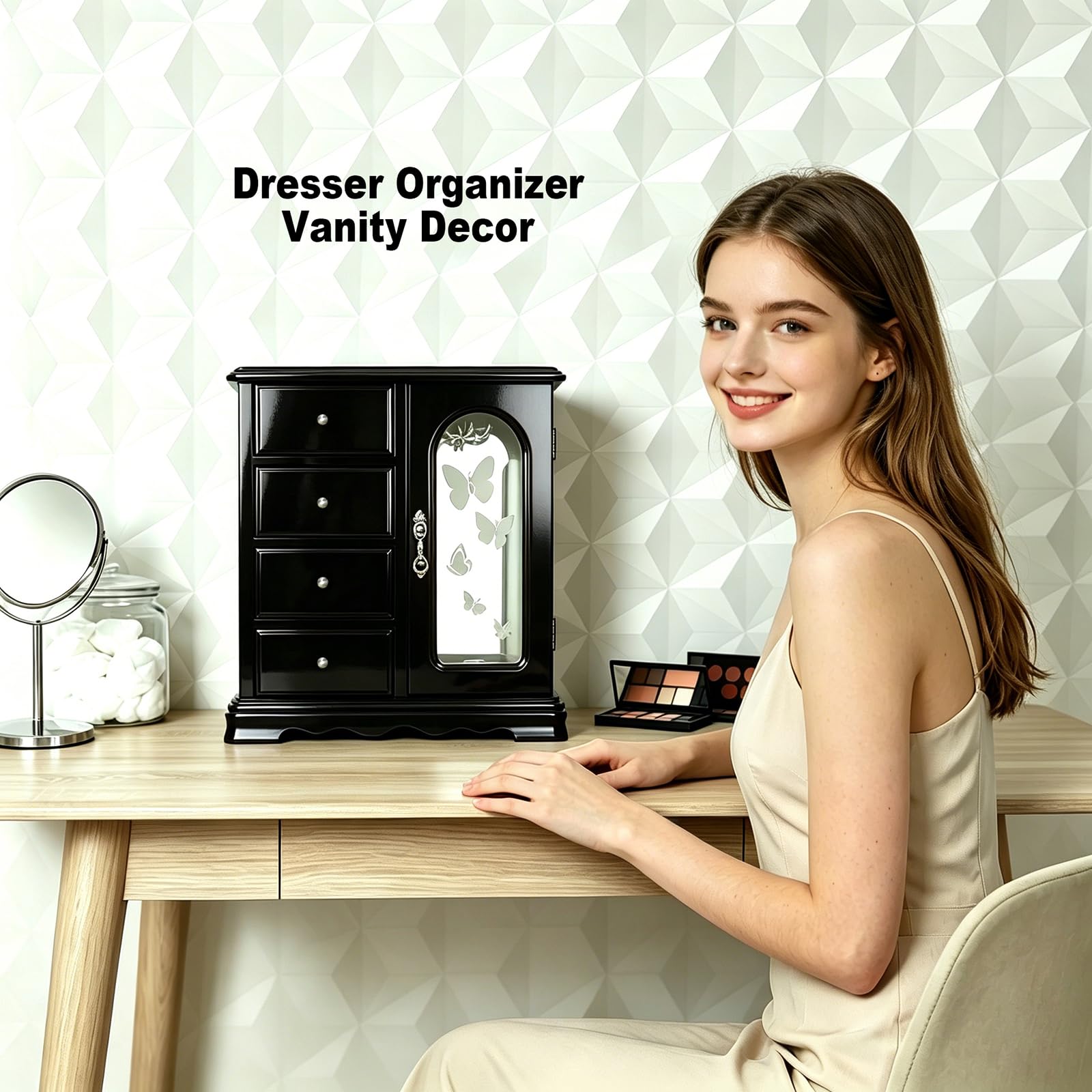Joyero hecho de madera maciza con organizador de 4 cajones y carrusel de collares integrado y espejo grande negro