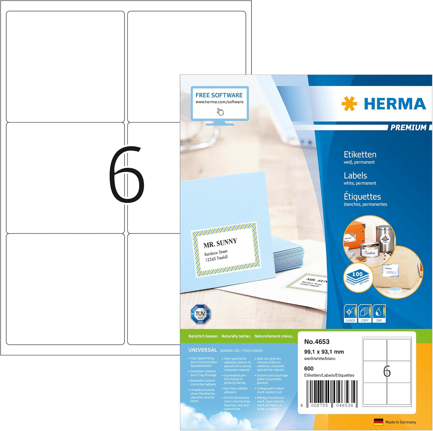 HERMA Self Adhesive Shipping Labels, 6 Labels per A4 Sheet, 100 Sheets, 99.1 x 93.1 mm, 600 Labels, Blank Parcel Labels Stickers, Sticky Labels for Laser & Inkjet Printer, White
