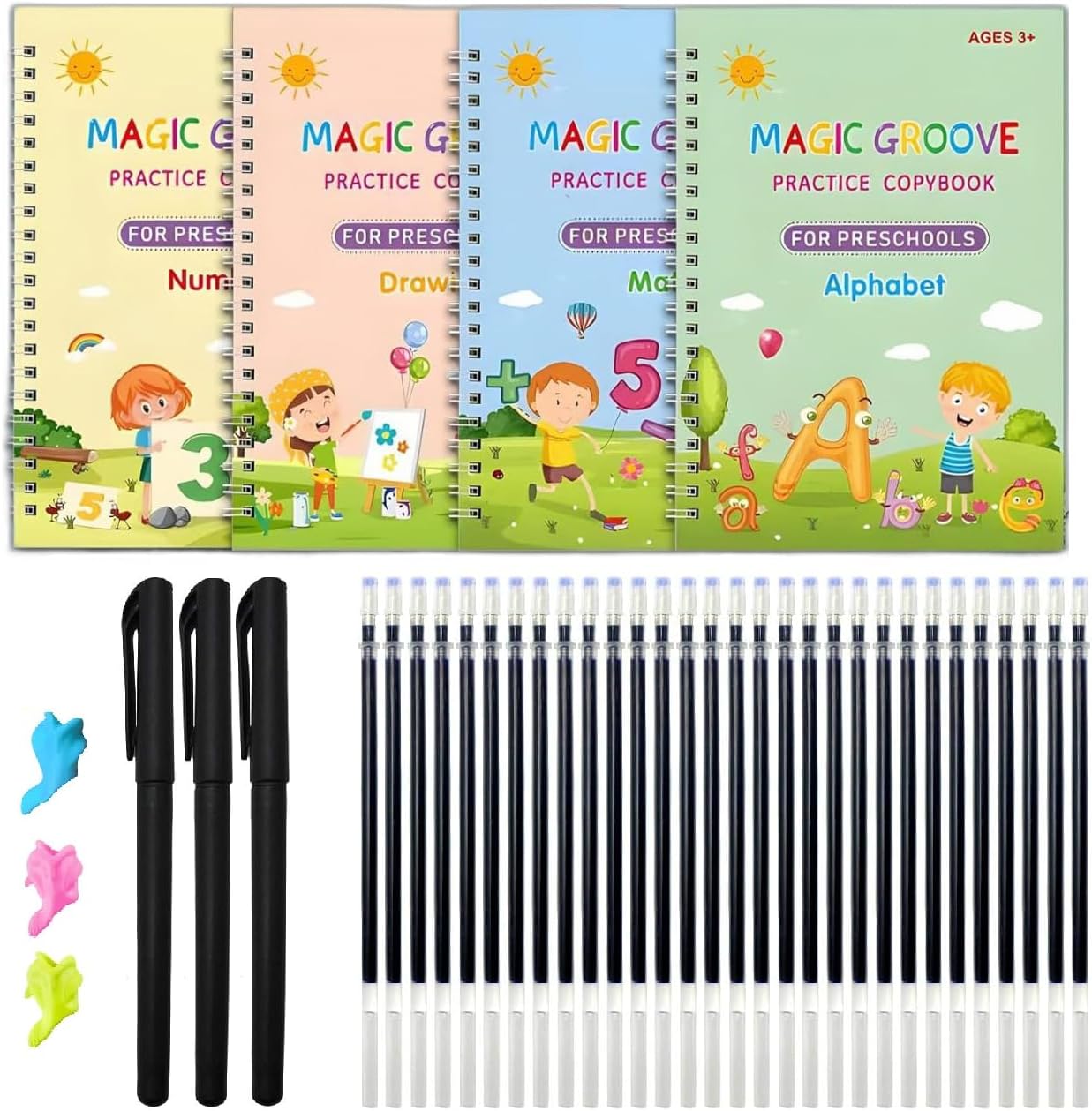 Sank Magic Practice Copybook (8 BOOKS+30 REFILL+3 Pen+3 Grip) Number Tracing Book for Preschoolers with Pen, Magic Calligraphy Copybook Set Practical Reusable Writing Tool Simple Hand Lettering