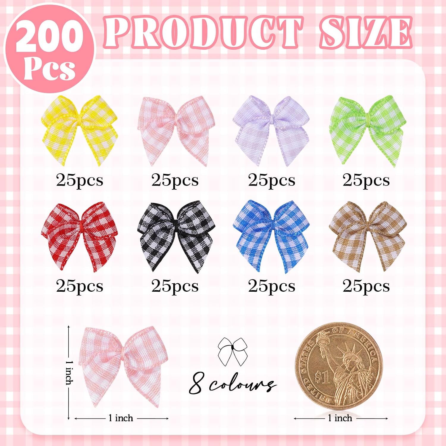 yoyokid 200pcs 1" Mini Gingham Ribbon Bows, Small Tiny Checkered Fabric Bows for Crafts, DIY Sewing, Wedding Birthday Gift Wrapping, Scrapbooking, Easter Party Decorations 200PCS-Multicolor (8 Colors)