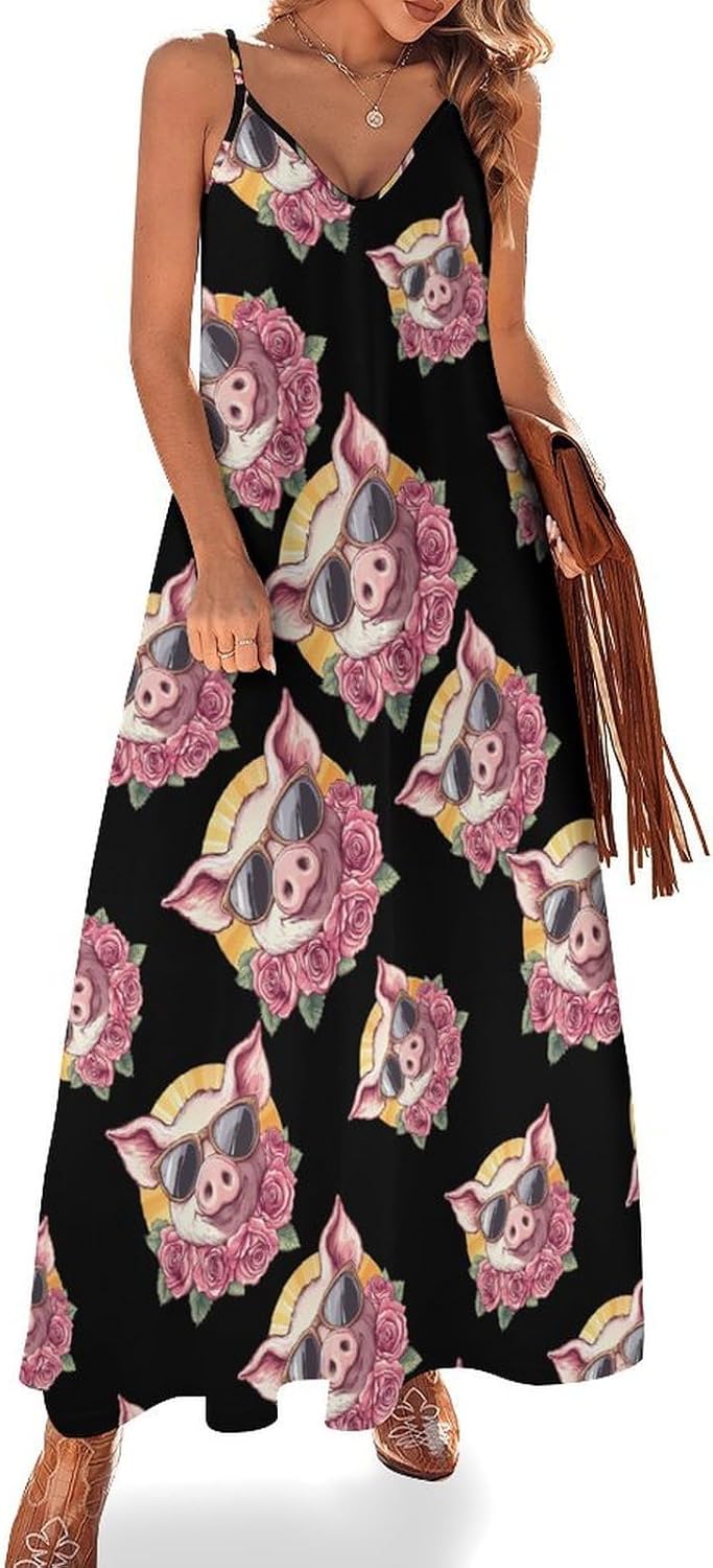 Pigs Rose Flower Maxi Dresses for Women V Neck Long Dress Sundress Spaghetti Straps Beach Dress