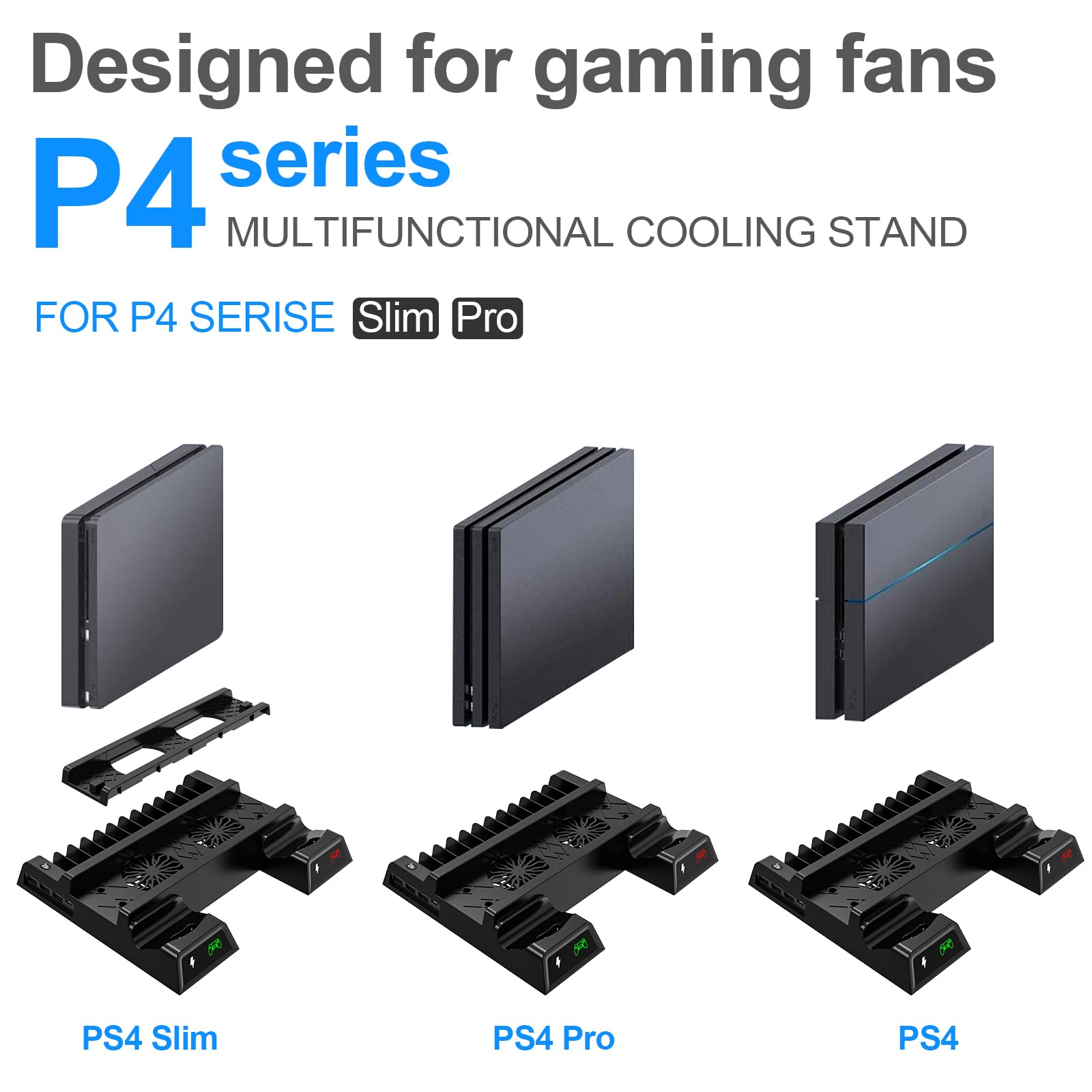 ASUNCELL PS4 Vertikaler Standfuß, PS4 Vertical Stand mit Lüfter PS4 Kühler PS4 Controller Ladestation für PlayStation 4/PS4 Pro/Slim PS4 Halterung mit PS4 Ladestation mit 12 Spiele Lagerung