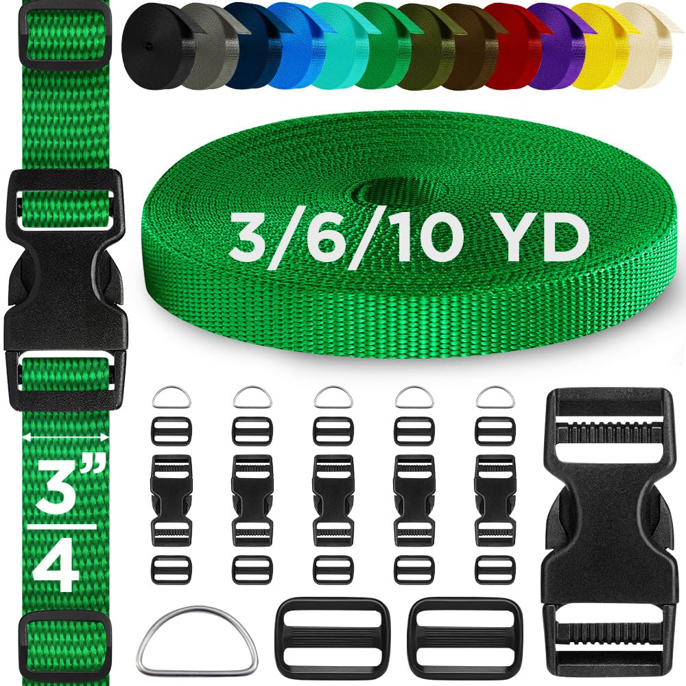 TECEUM Buckles & Strap Kit – 3/4" Green Nylon Webbing 6 (yd) – 6 Heavy Duty Adjustable Plastic Buckles – 12 Tri-Glide Slide Clips – 6 Metal D-Ring –