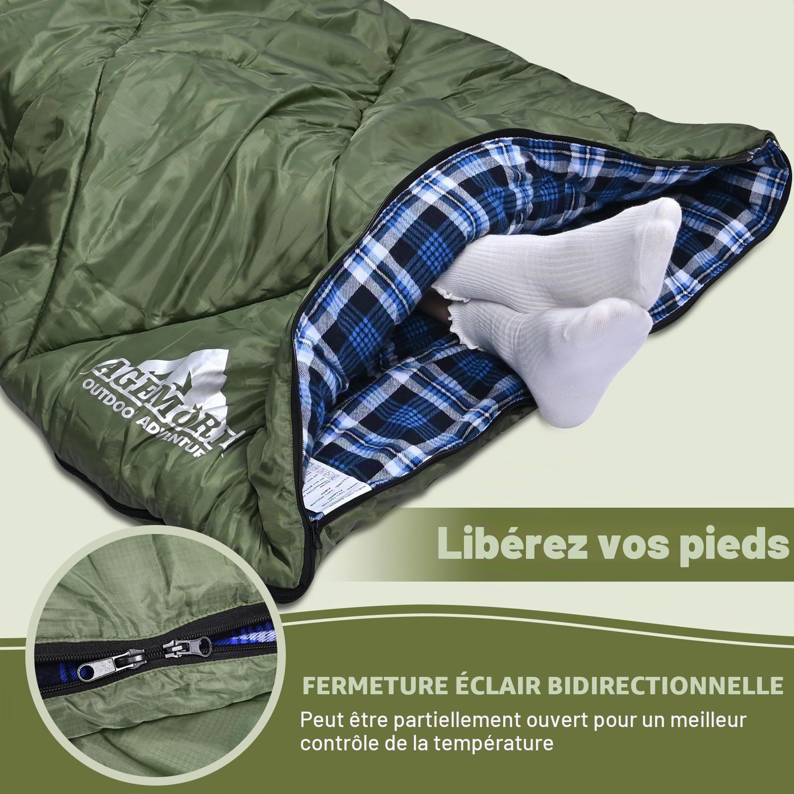 Sac de couchage en flanelle de coton avec capuche doublée en polaire, sac de couchage imperméable XL pour adultes, sac de couchage par temps froid, pour camping, randonnée ou randonnée, 3 à 4
