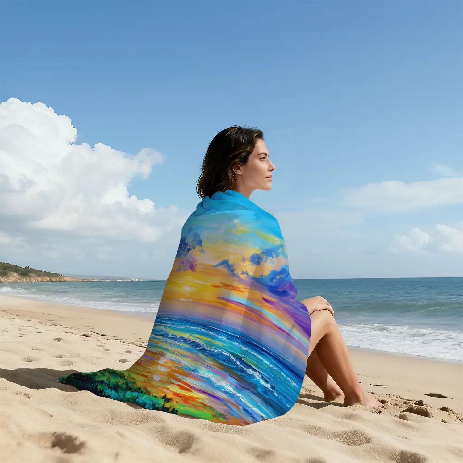 Générique Grande Serviette de Plage 200 x 100 CM,Drap de Plage Microfibre,Couverture de Plage Absorbante Rapide pour Coucher Soleil Océan Bateau Plantes Pittoresque Mer Vague Nature Éclatante