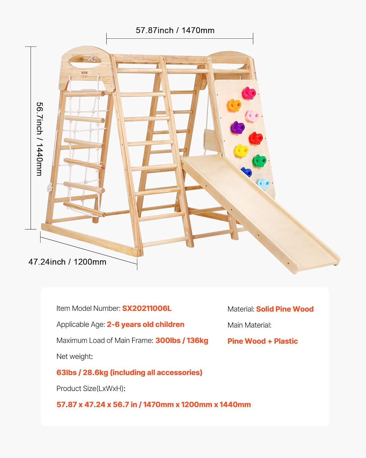 VEVOR Indoor Jungle Gym, 7-in-1 Toddler Indoor Playground, 47.2 x 58 x 56 inch, with Wood and Rope Ladder, Net Ladder, Swing, Monkey Bar, Slide, Climbing Wall, Wooden Indoor Climbing Toys for Kids