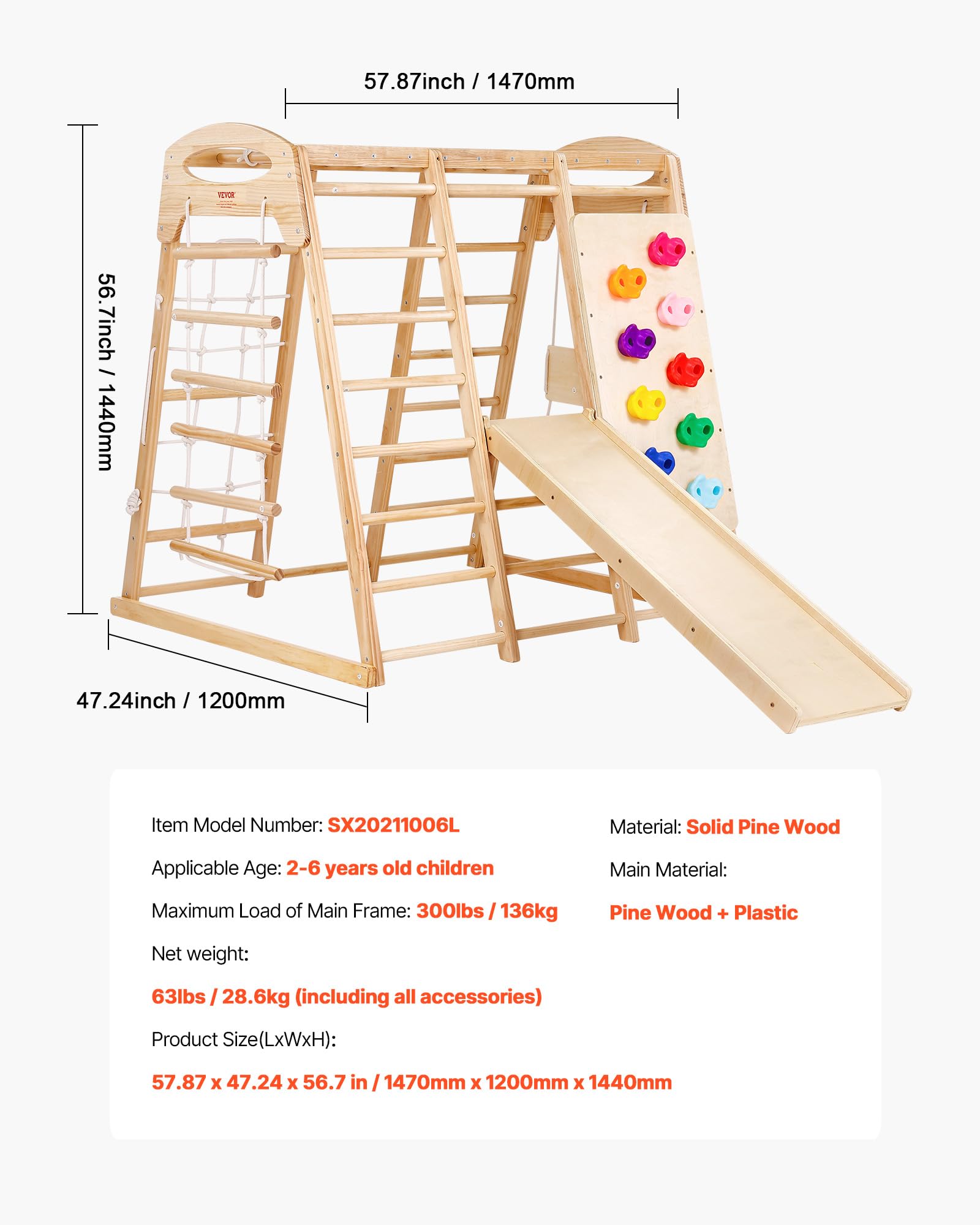 VEVOR Parque Infantil de Interior, Gimnasio de Interior para Niños de Madera, Multifunción con Juguetes de Escalada Tobogán Columpio Barras de Mono Escalera de Malla, Conjunto de Juegos para Niños