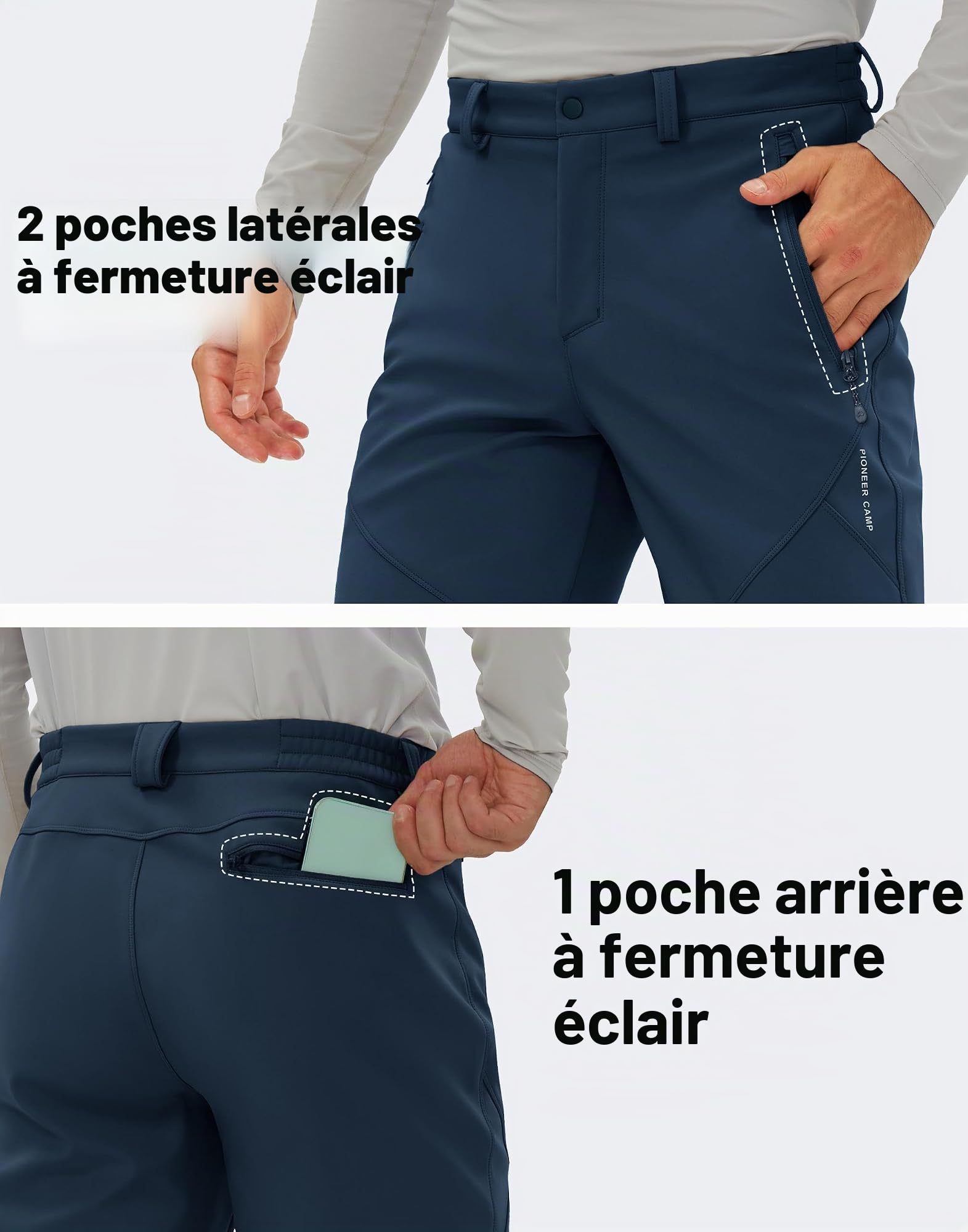 Pioneer Camp Pantalon de randonnée pour homme - Doublure en polaire - Imperméable - Avec 3 poches à fermeture éclair