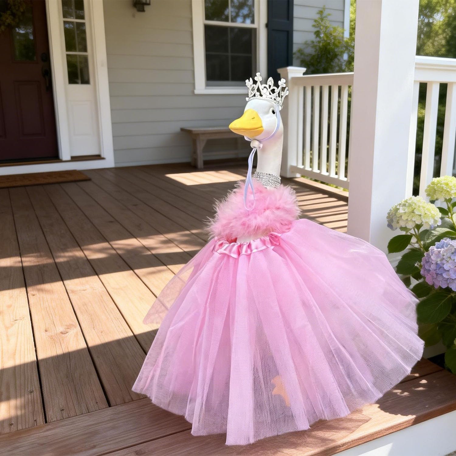Porch Goose Statue with Princess Outfits Garden Decoration - 20" Large White Lawn Goose Statues Costume Crown Necklace Tutu Skirt Feather Trim for Indoor and Outdoor Garden Lawn Art Decor (Pink)