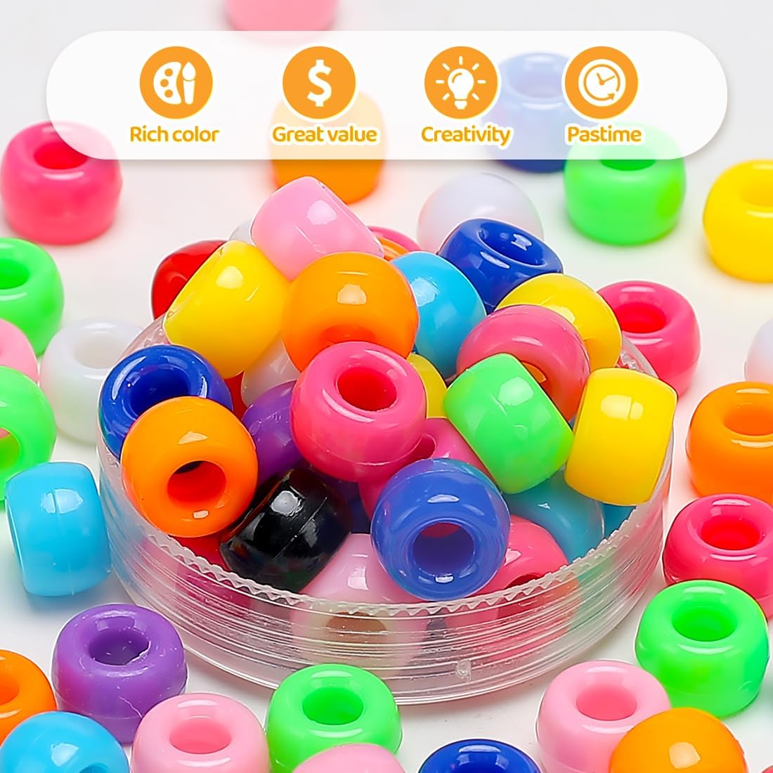 1200pcs Pony Beads Bulk – 11 Colors 6x9mm Plastic Craft Beads for Bracelets, Jewelry, Hair Braiding & DIY Projects