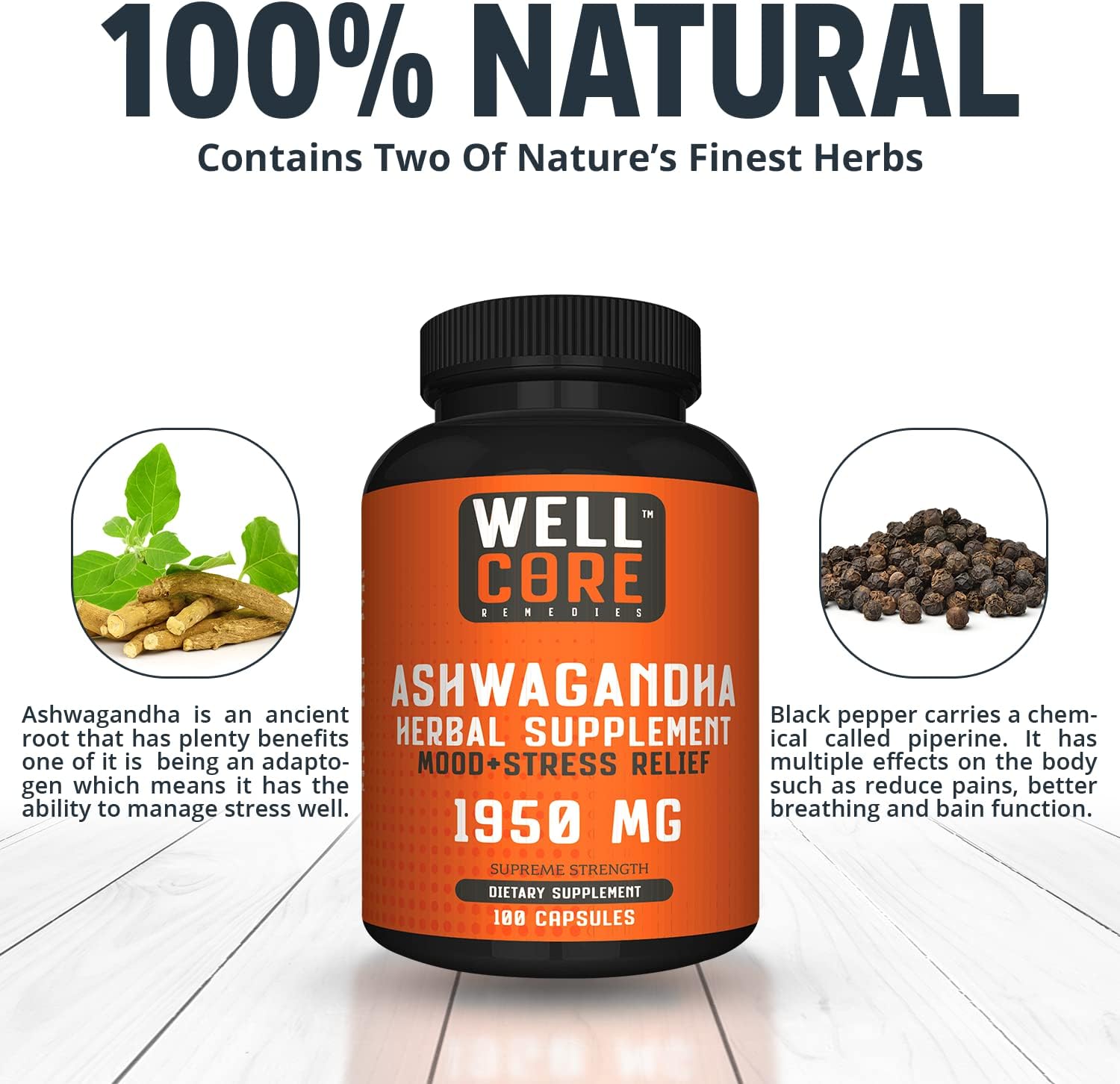 WELL CORE REMEDIES Organic Ashwagandha Root Powder - Herbal Supplement for Stress Relief, Mood Enhancer, Vitality, Energy Boost, Improved Focus, Better Sleep, Immune Support - 100 Veggie Capsules