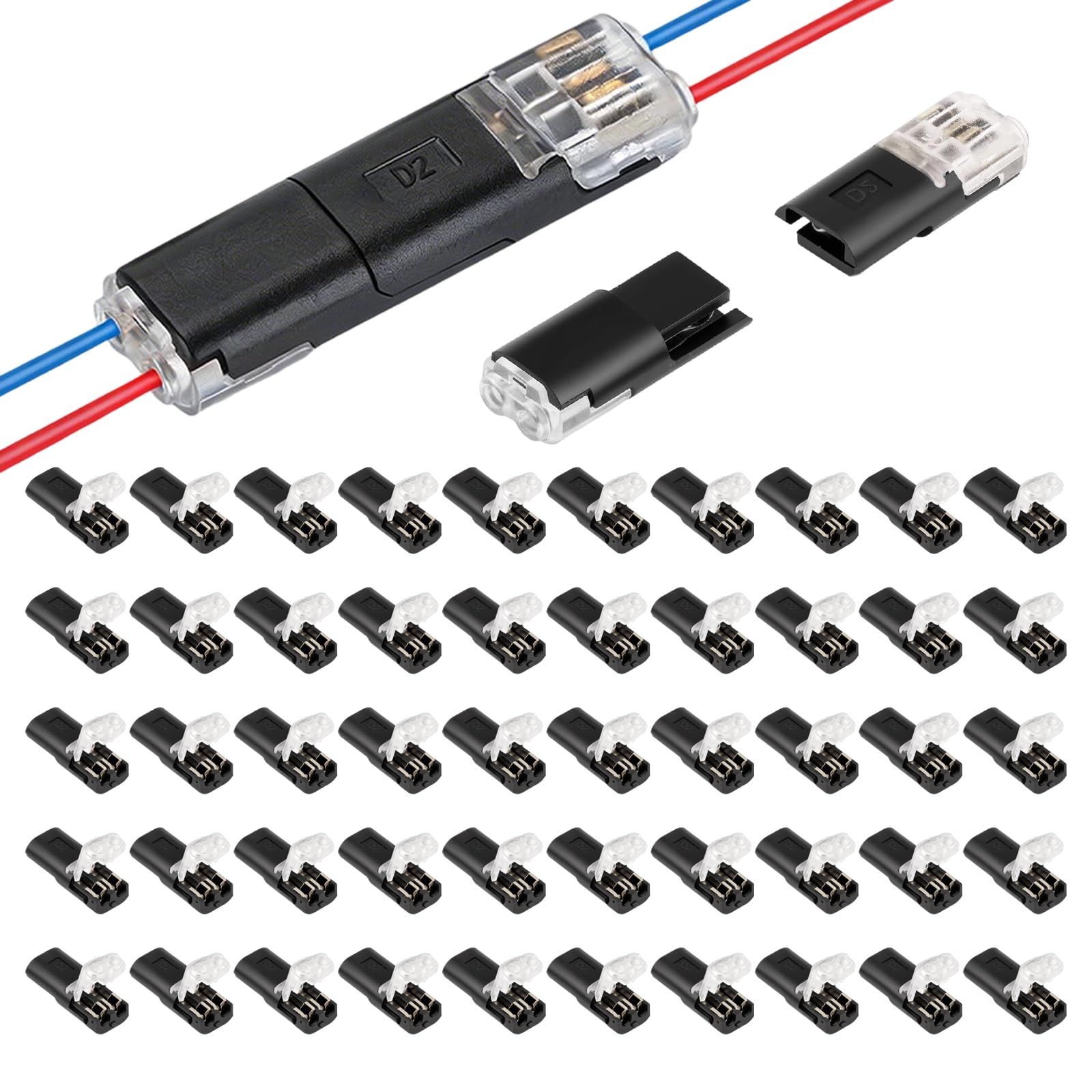 50 Pcs Waterproof Automotive Wire Connectors 2-Pin, No Stripping Wire Connectors, Quick 12V Automotive Wire Crimp Connector for 18-22 AWG Wires, Plug-in Cable Terminals for Cars and Trucks