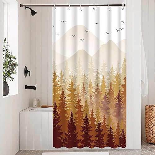 Miniatura 8 de Aipon Cortina de ducha verde con diseño de bosque brumoso, juego de cortinas de ducha impermeables de tela verde oscuro para decoración de baño con
