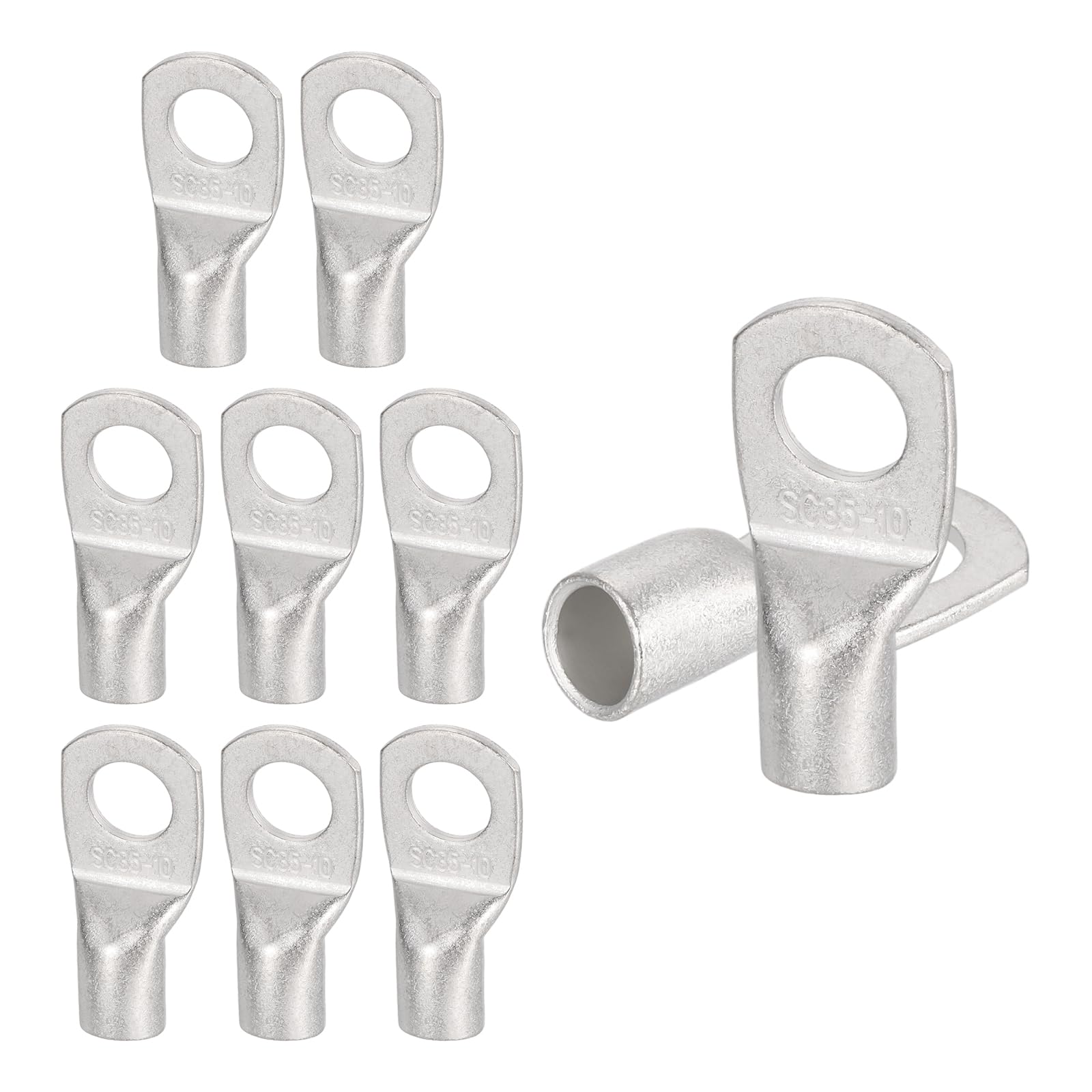 sourcing map 10 Pcs Tinned Copper Wire Lugs 2AWG 13/32" Wire Connectors Marine Grade Battery Cable Ends Ring Terminals SC35-10NH Battery Cable Lugs, Silver